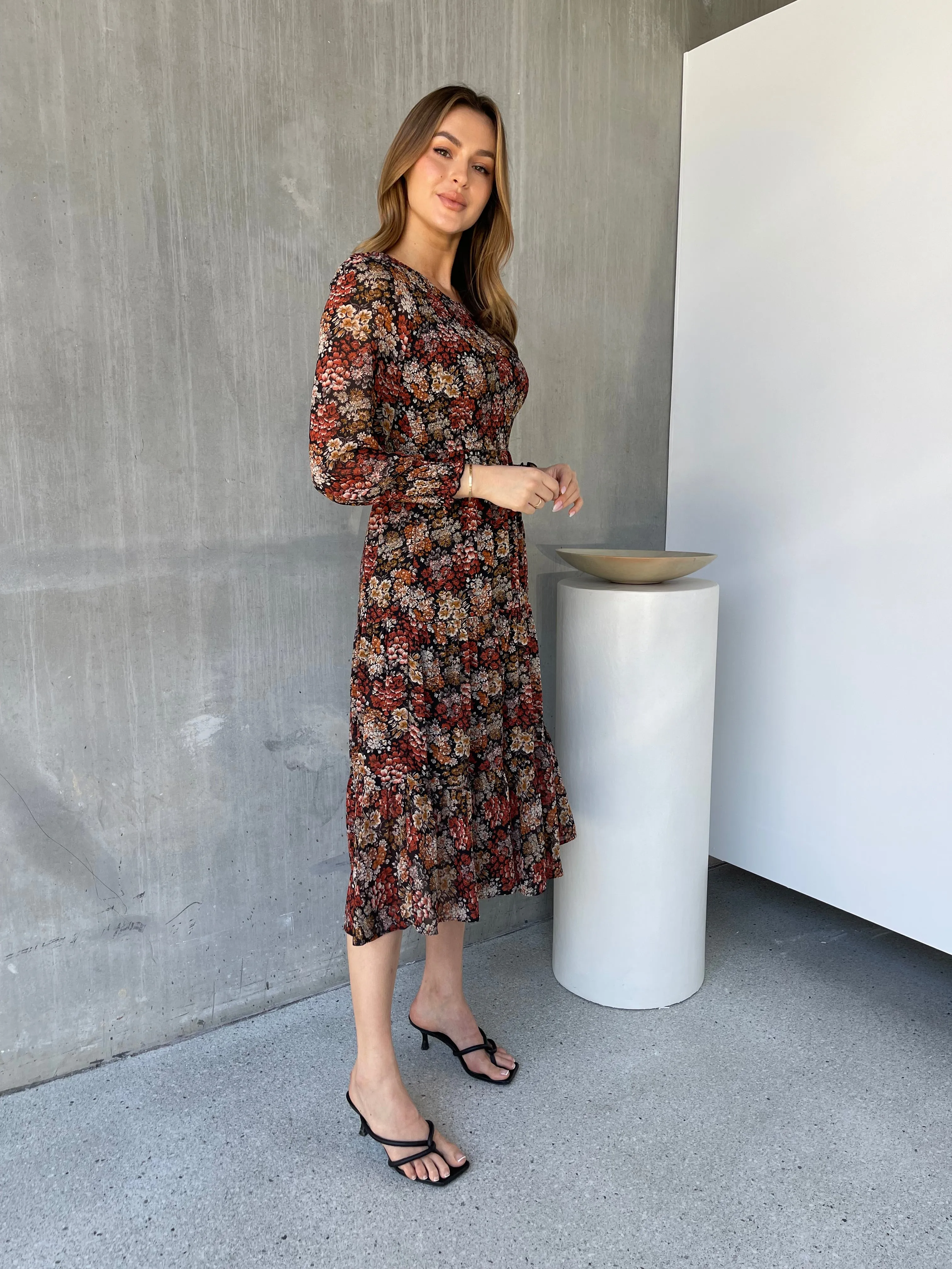 Jora Rust Floral Print Chiffon Shirred Autumn Midi Dress