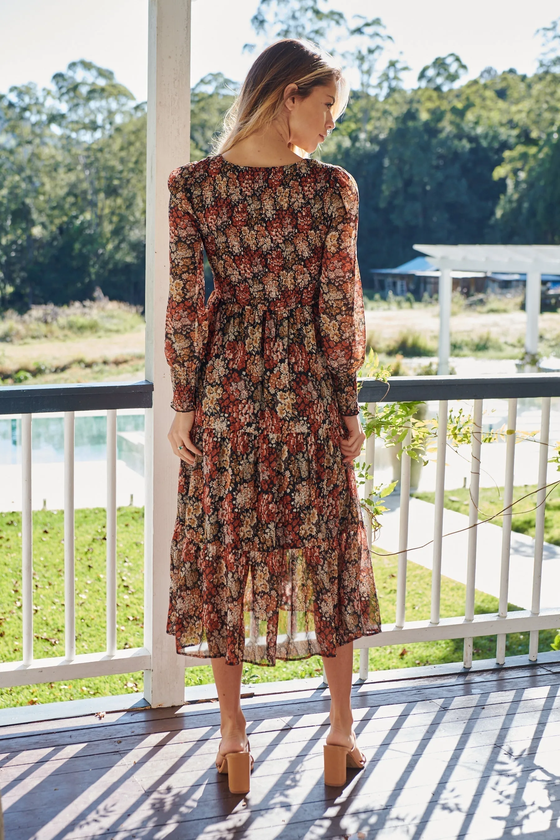 Jora Rust Floral Print Chiffon Shirred Autumn Midi Dress