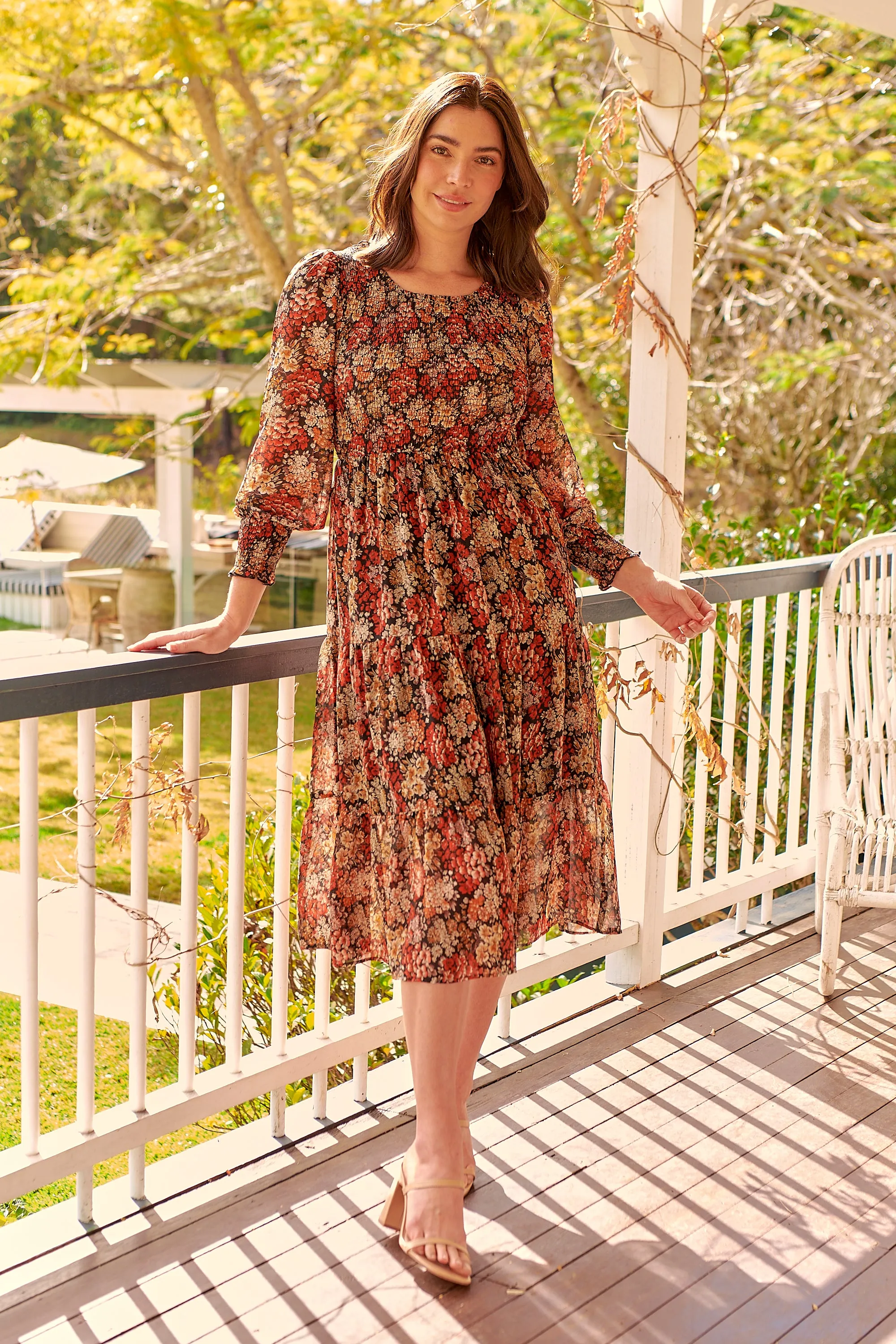 Jora Rust Floral Print Chiffon Shirred Autumn Midi Dress