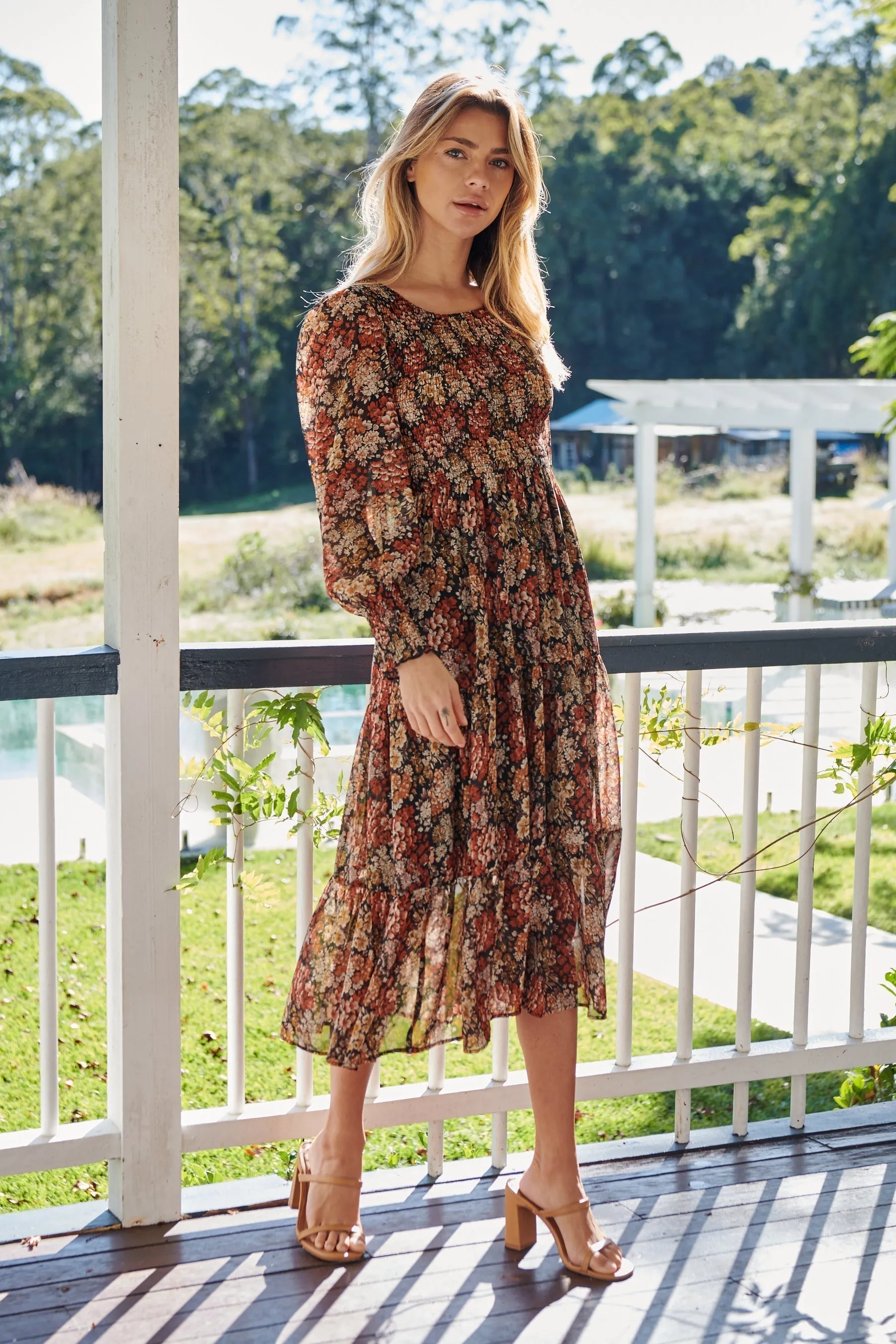 Jora Rust Floral Print Chiffon Shirred Autumn Midi Dress