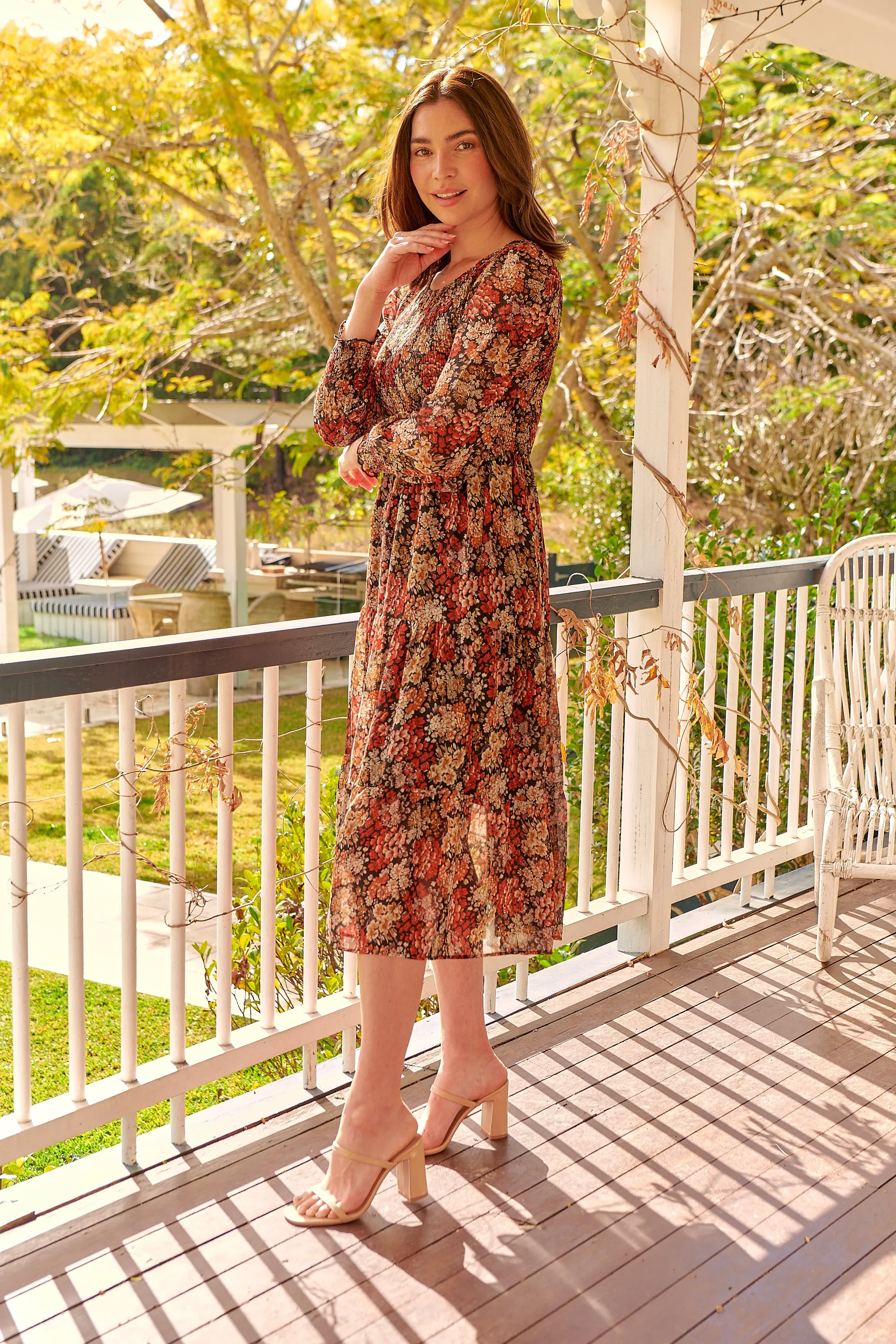 Jora Rust Floral Print Chiffon Shirred Autumn Midi Dress