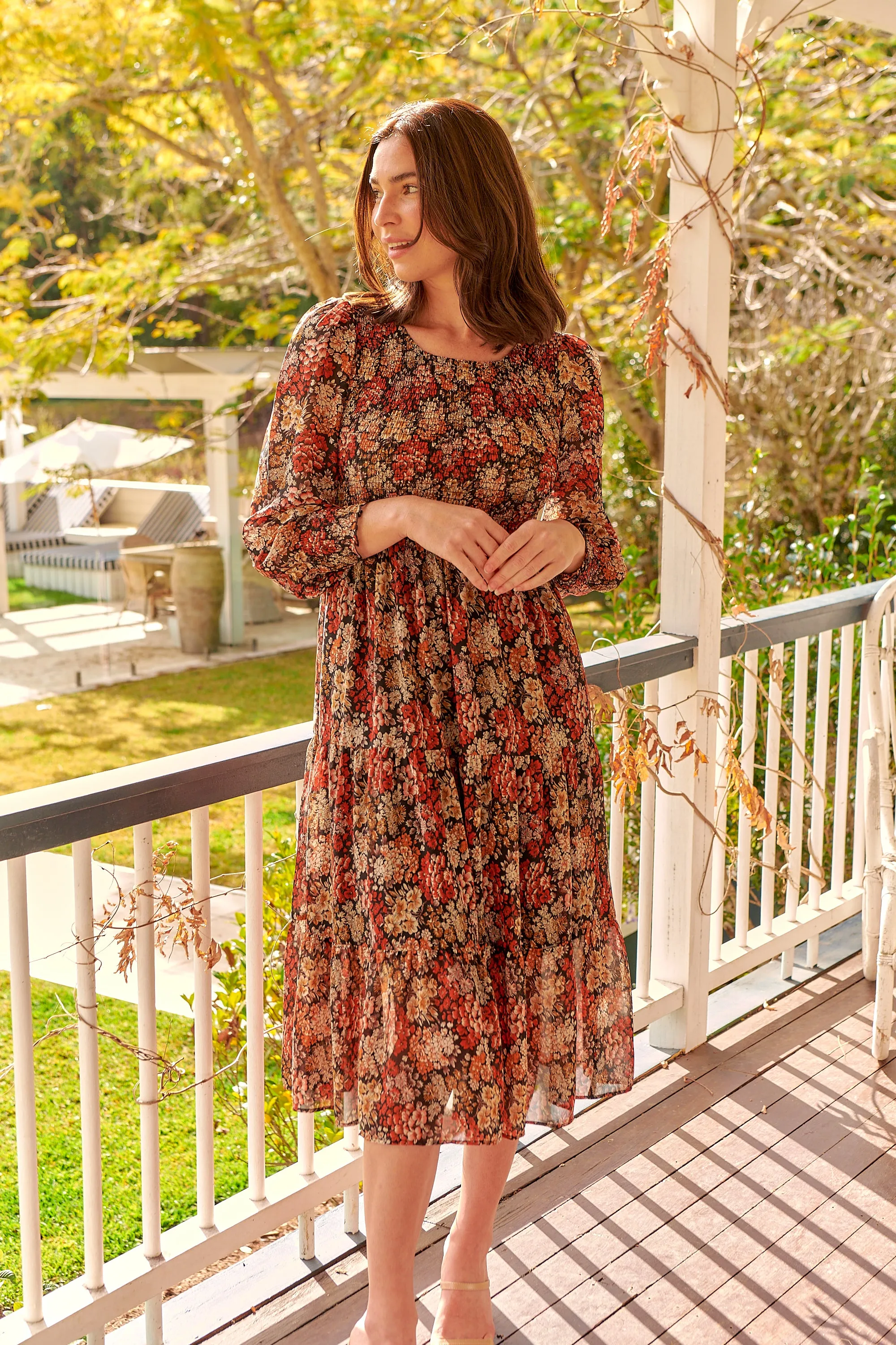 Jora Rust Floral Print Chiffon Shirred Autumn Midi Dress