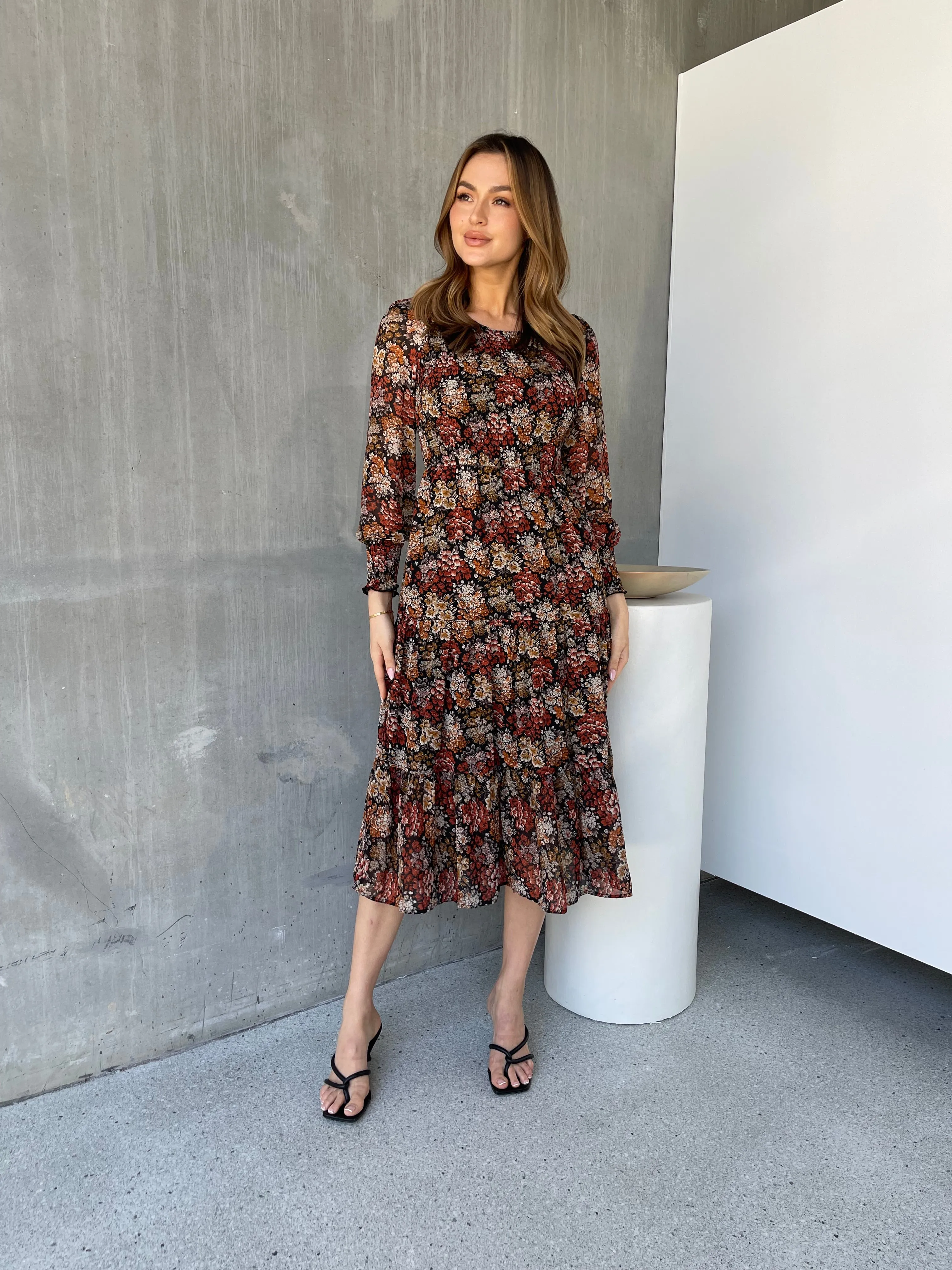 Jora Rust Floral Print Chiffon Shirred Autumn Midi Dress