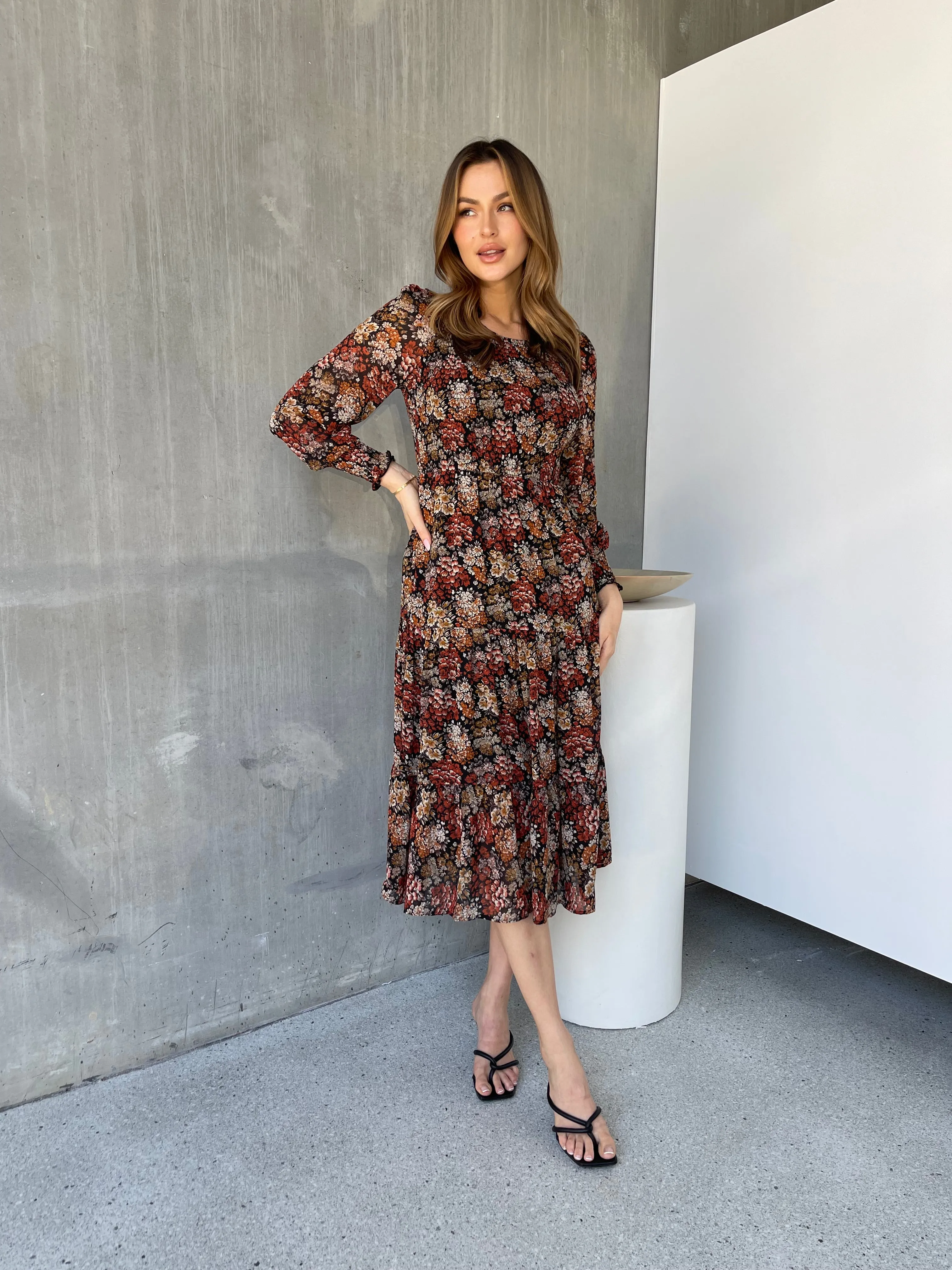 Jora Rust Floral Print Chiffon Shirred Autumn Midi Dress