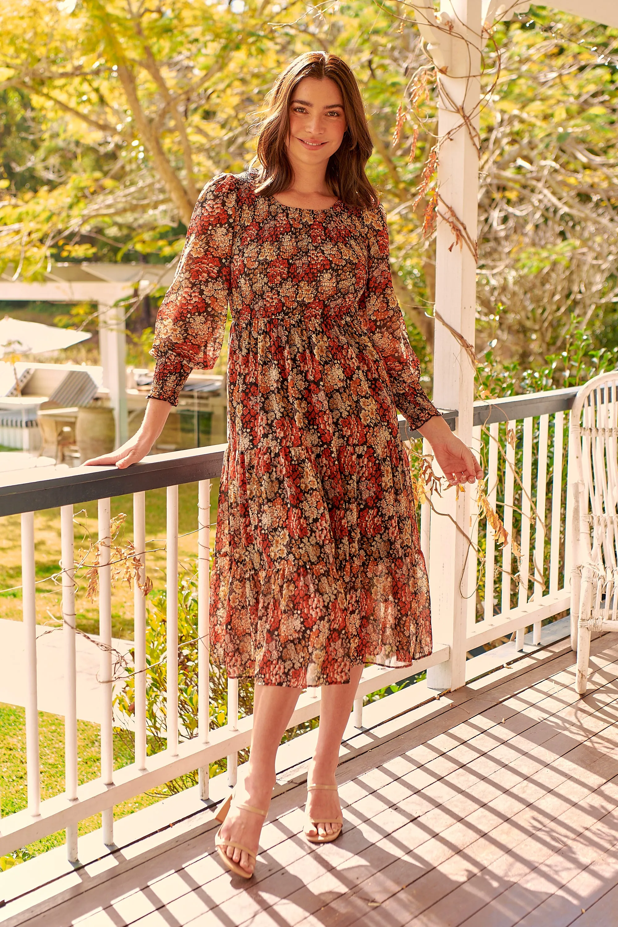 Jora Rust Floral Print Chiffon Shirred Autumn Midi Dress