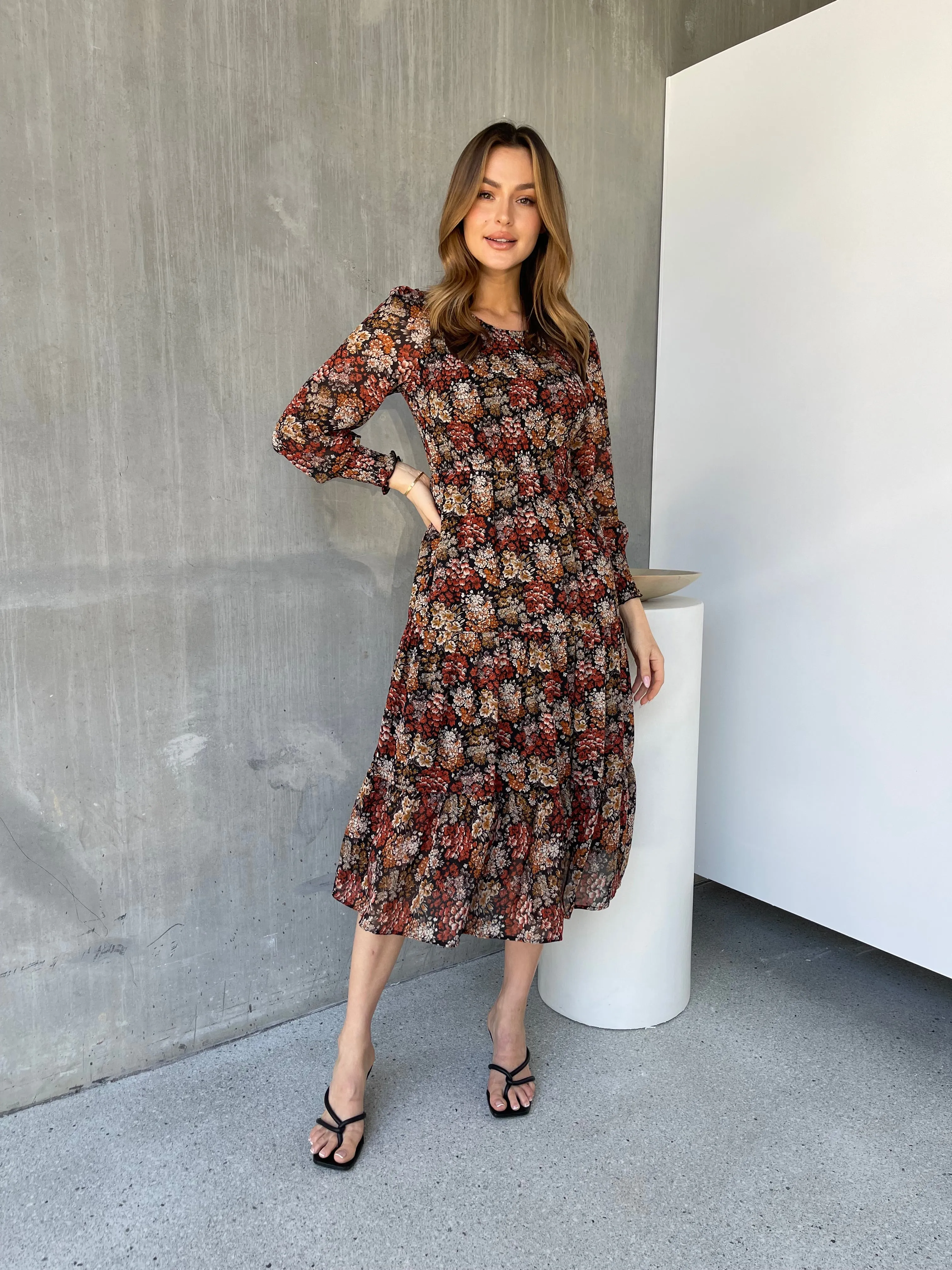 Jora Rust Floral Print Chiffon Shirred Autumn Midi Dress