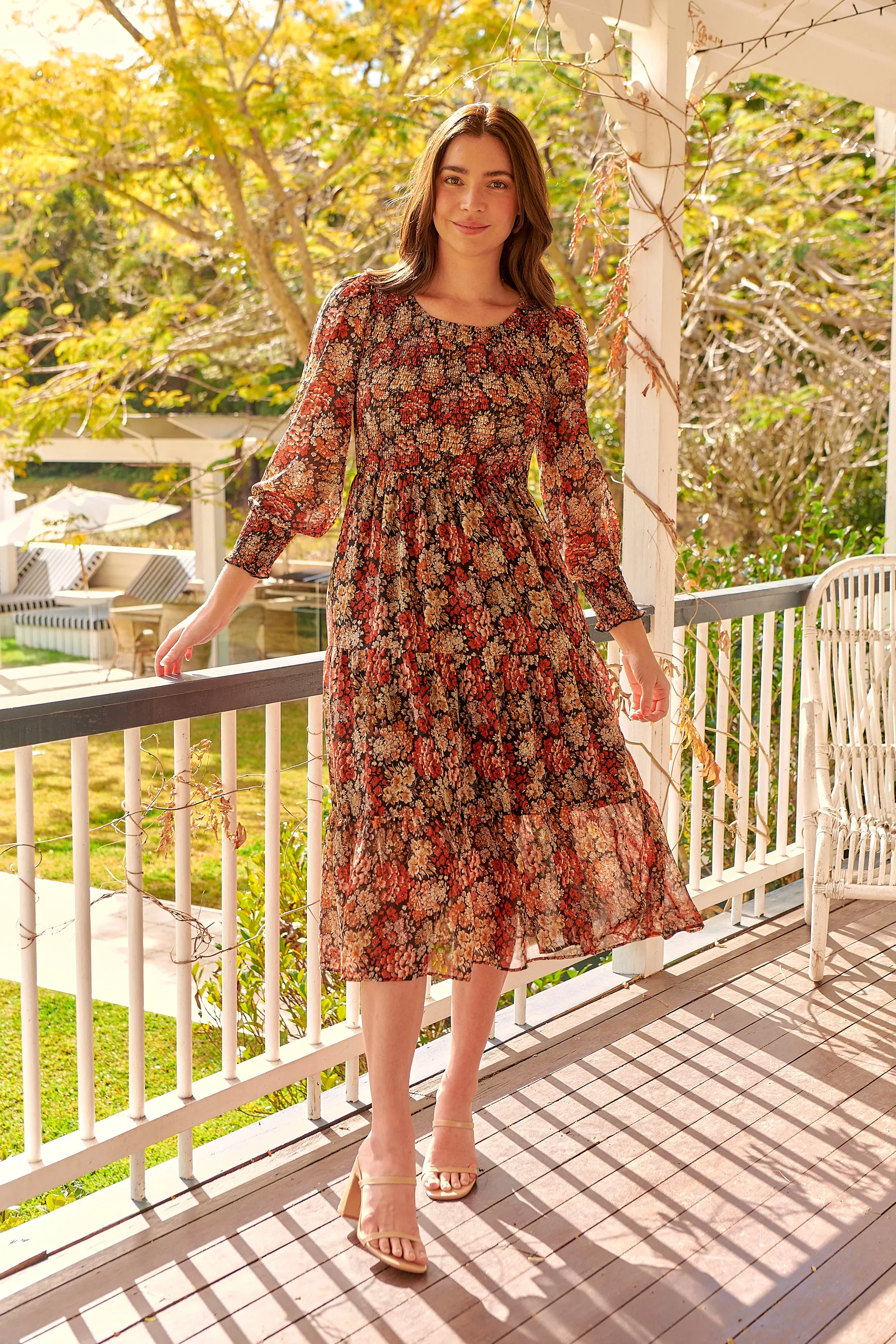 Jora Rust Floral Print Chiffon Shirred Autumn Midi Dress