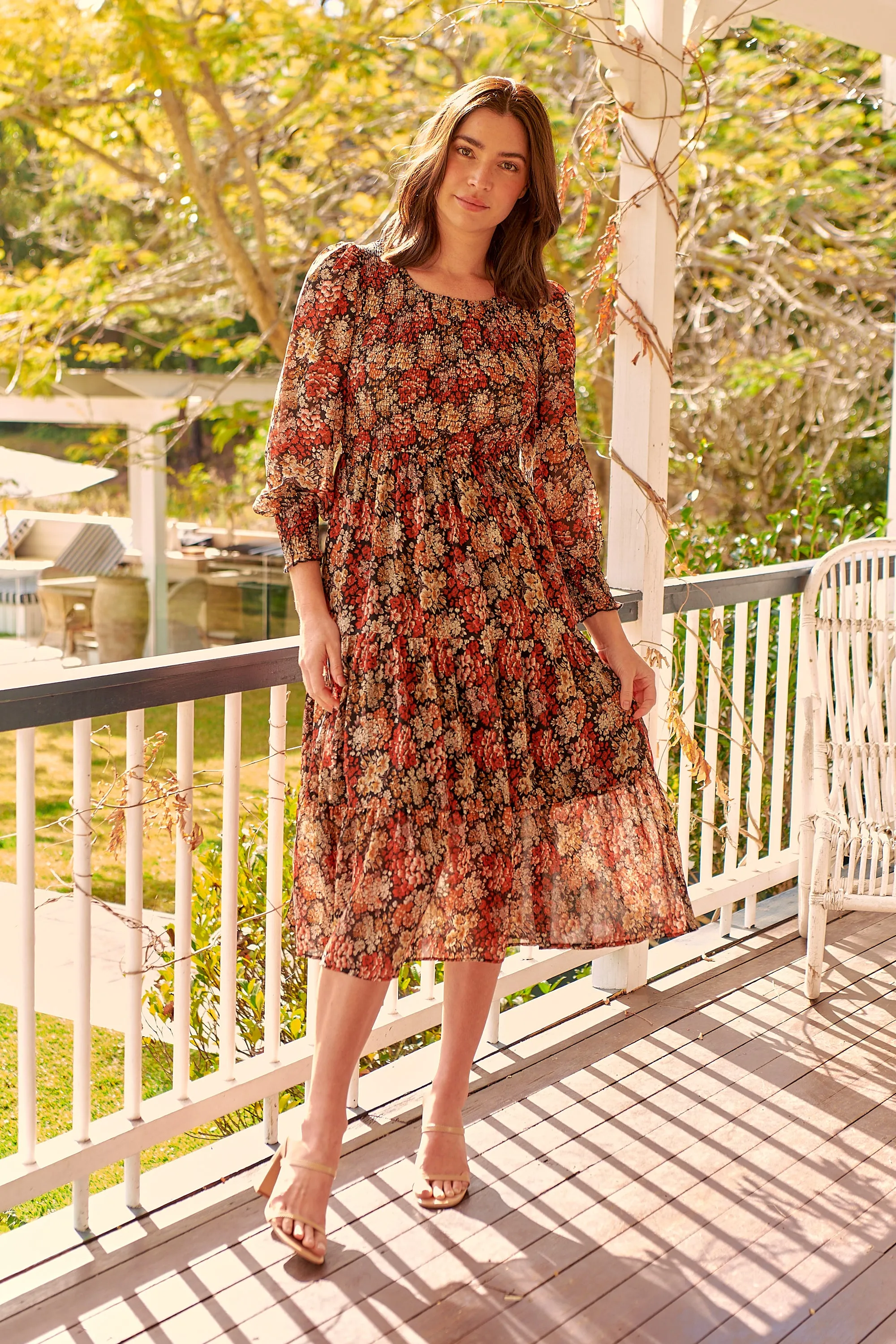 Jora Rust Floral Print Chiffon Shirred Autumn Midi Dress