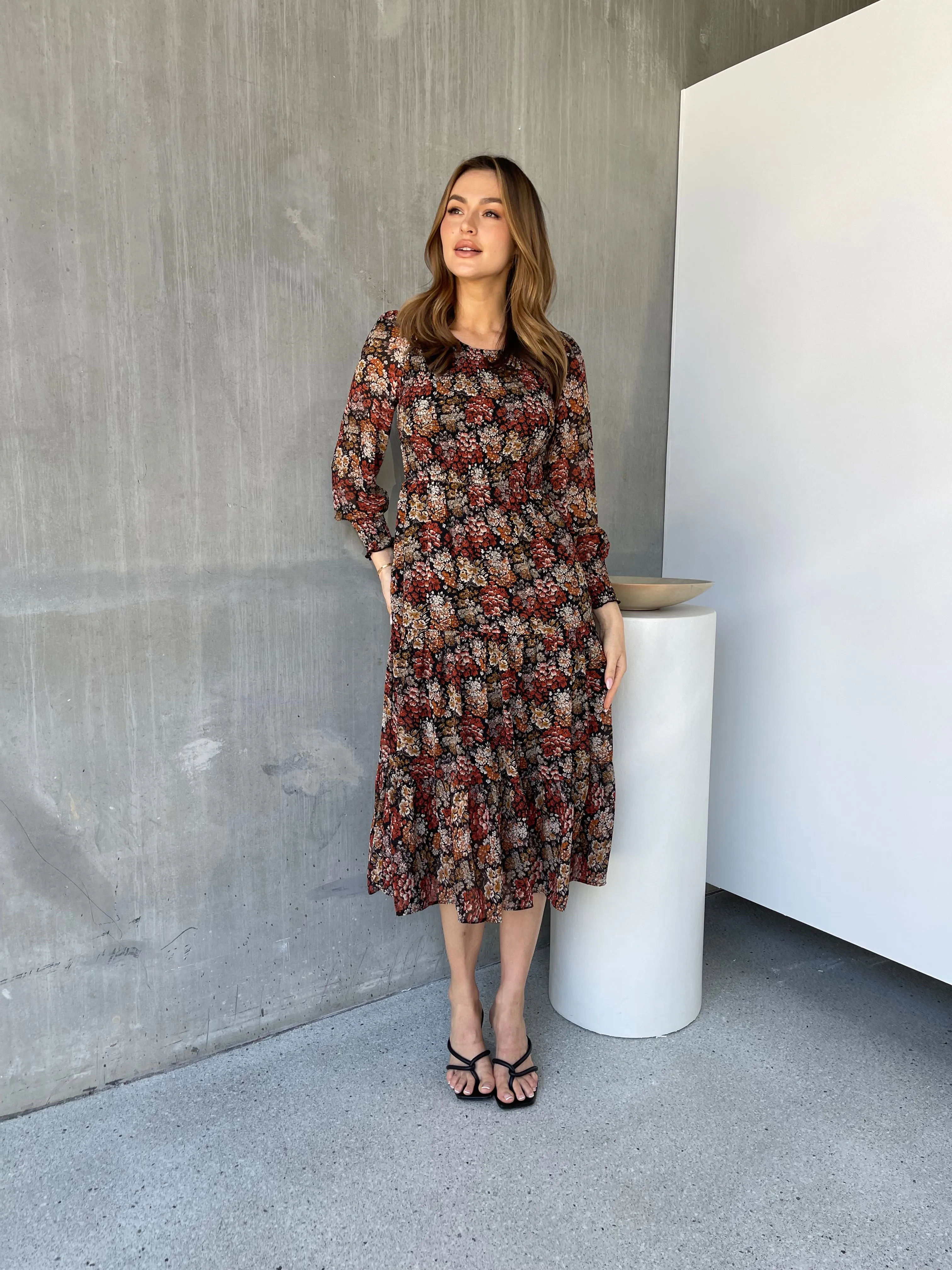 Jora Rust Floral Print Chiffon Shirred Autumn Midi Dress