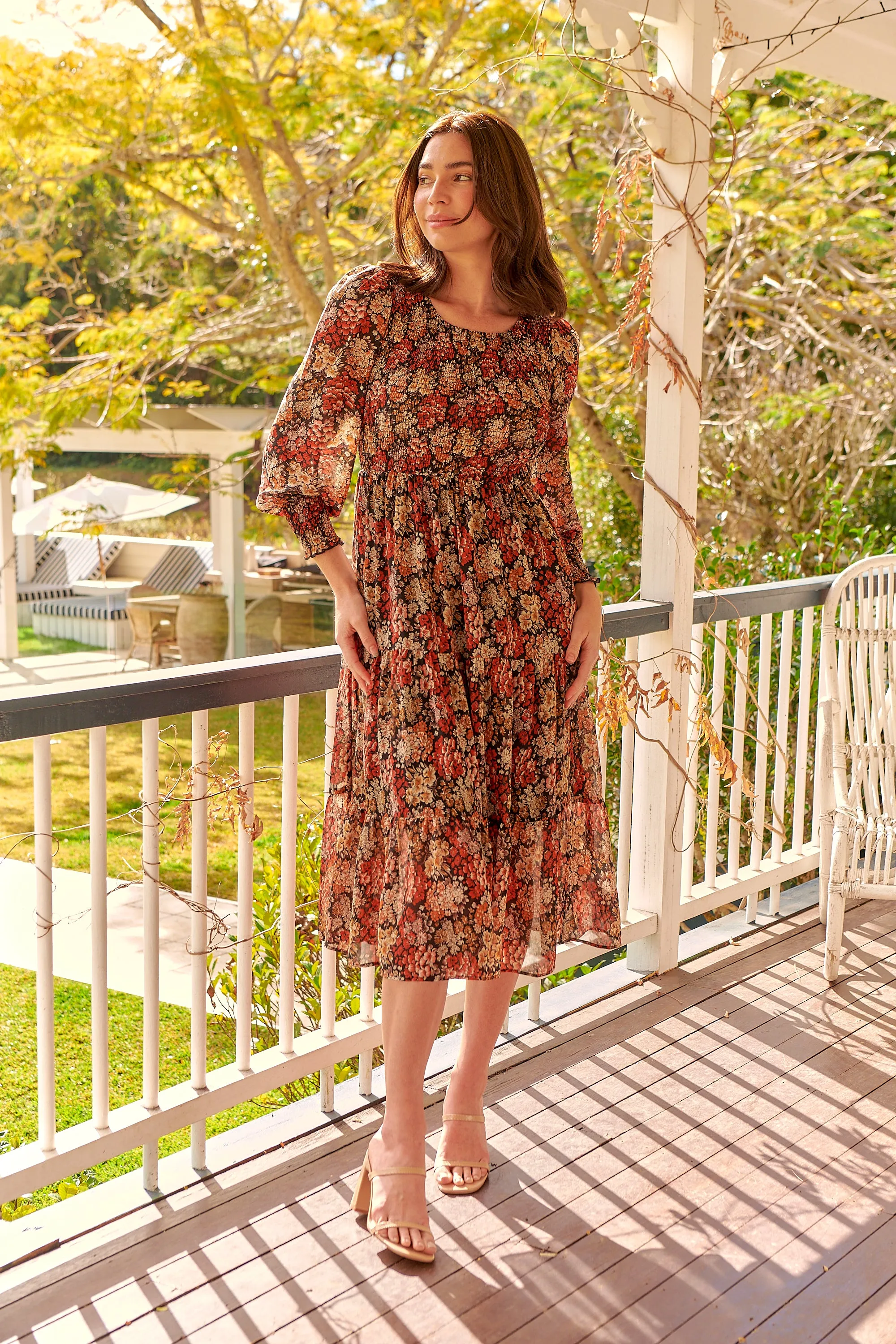 Jora Rust Floral Print Chiffon Shirred Autumn Midi Dress