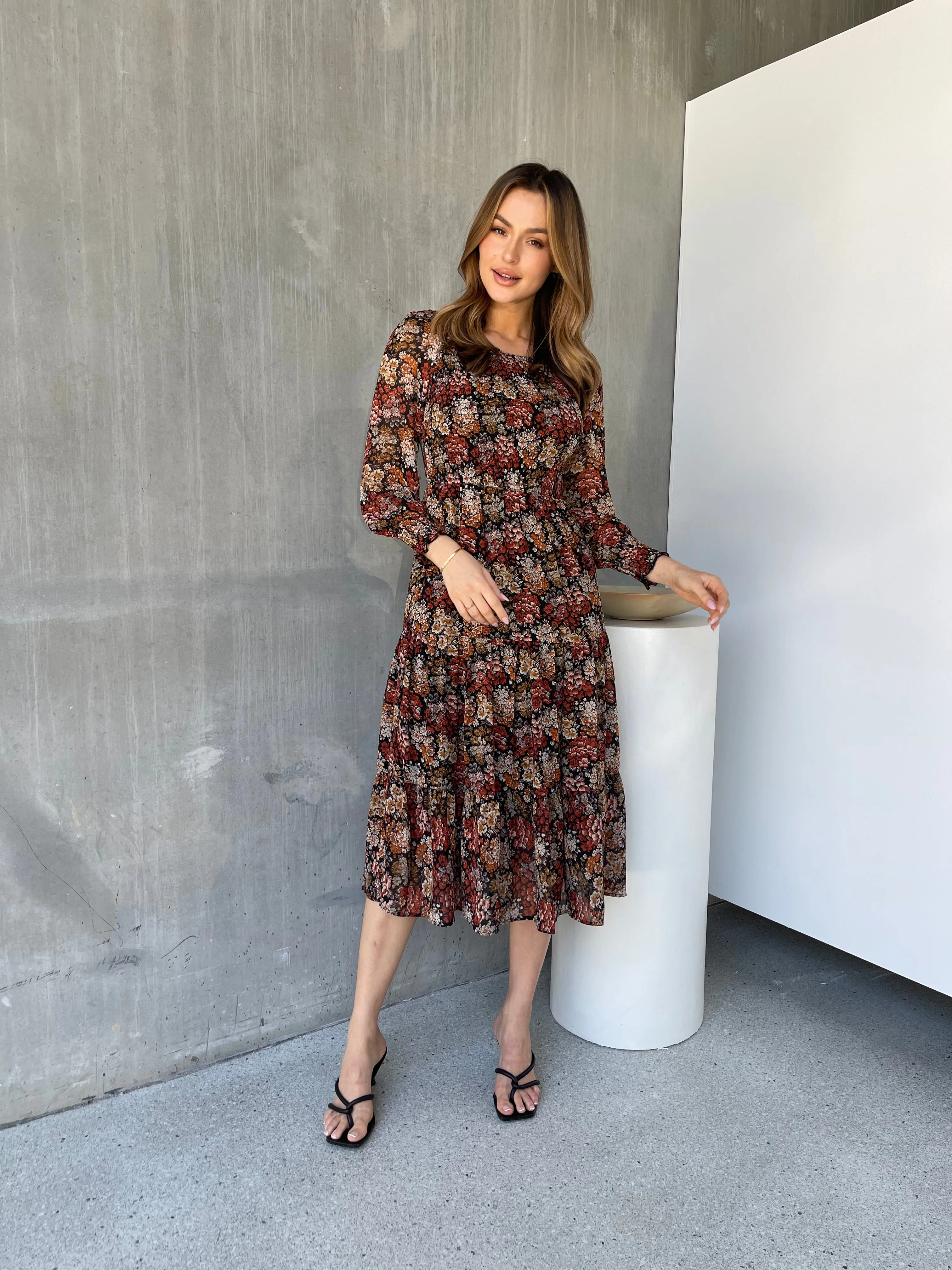 Jora Rust Floral Print Chiffon Shirred Autumn Midi Dress