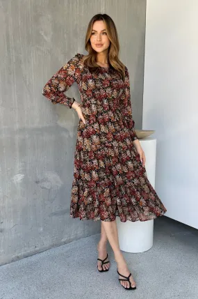 Jora Rust Floral Print Chiffon Shirred Autumn Midi Dress