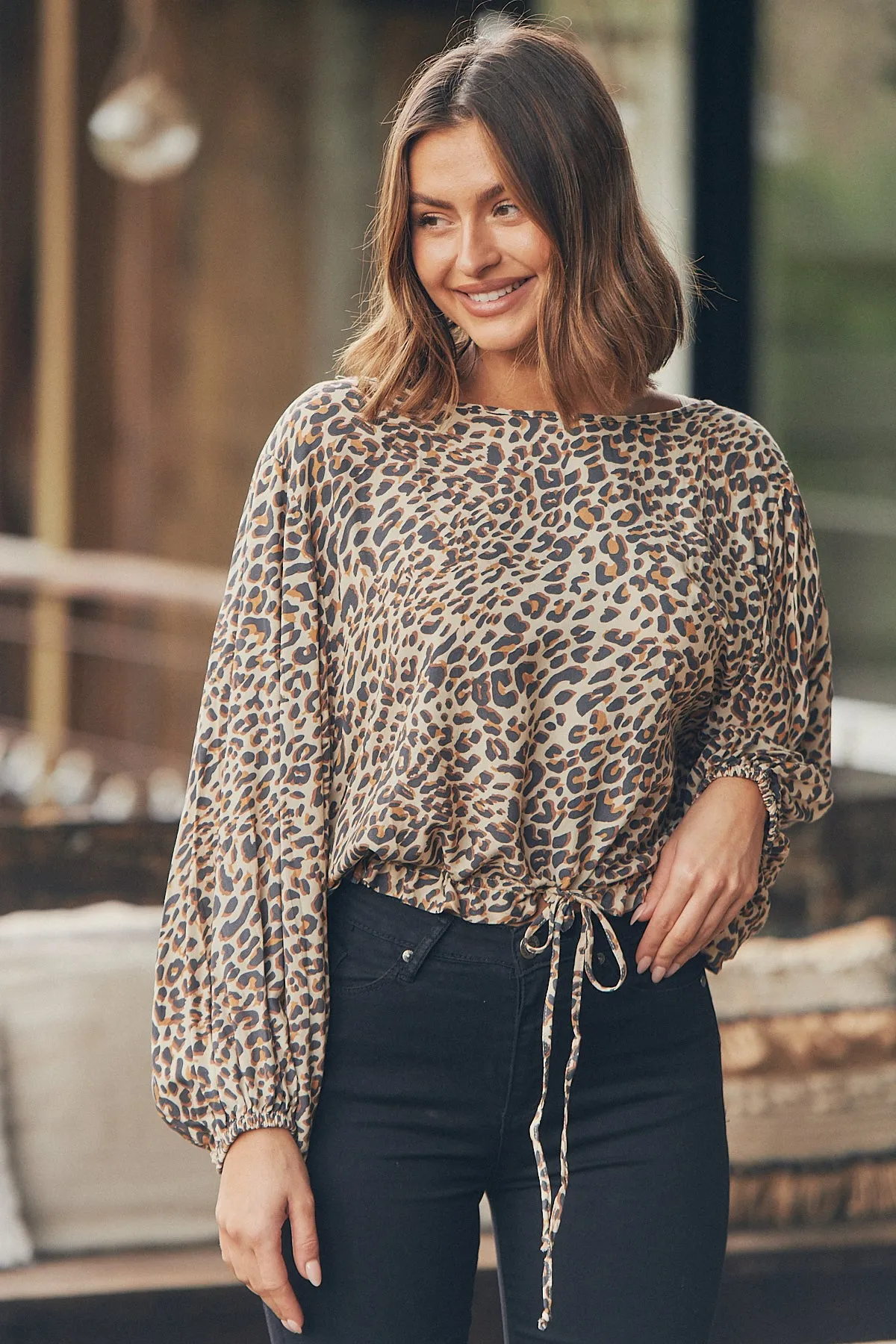 Katie Leopard Light Brown Drawstring Top