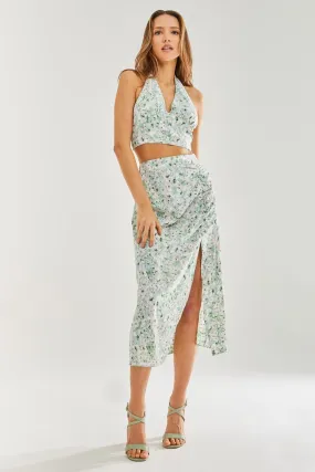 Liquorish Green Floral  Halterneck Crop Top