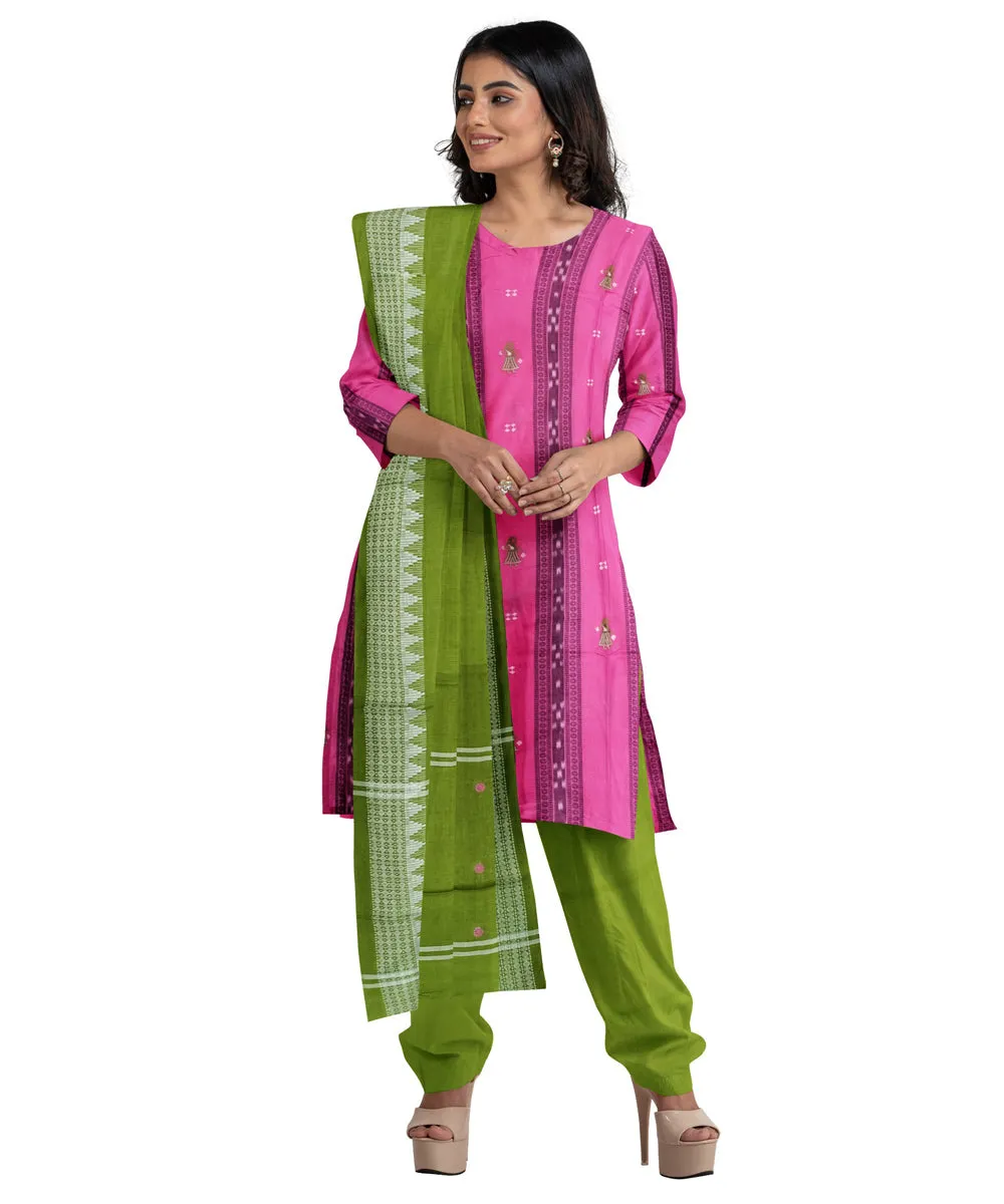 Magenta olive green hand woven cotton nuapatna dress material