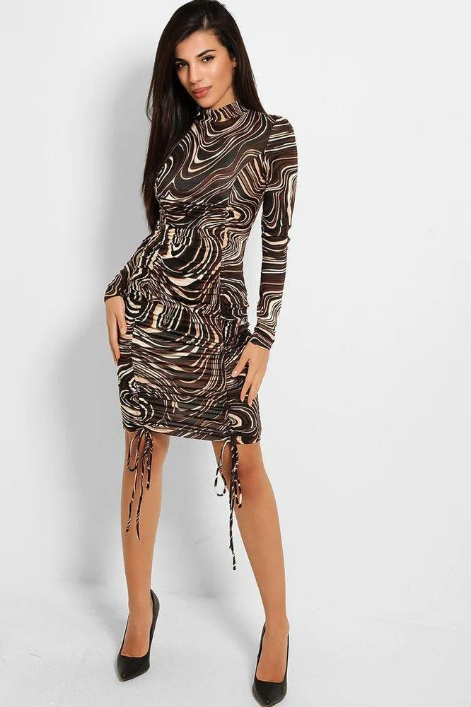 Marbling Print Drawstring Front Slinky Bodycon Dress