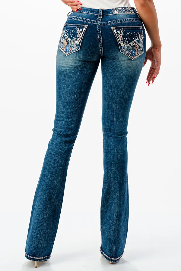 Mountain View Embroidery Mid Rise Bootcut Jeans