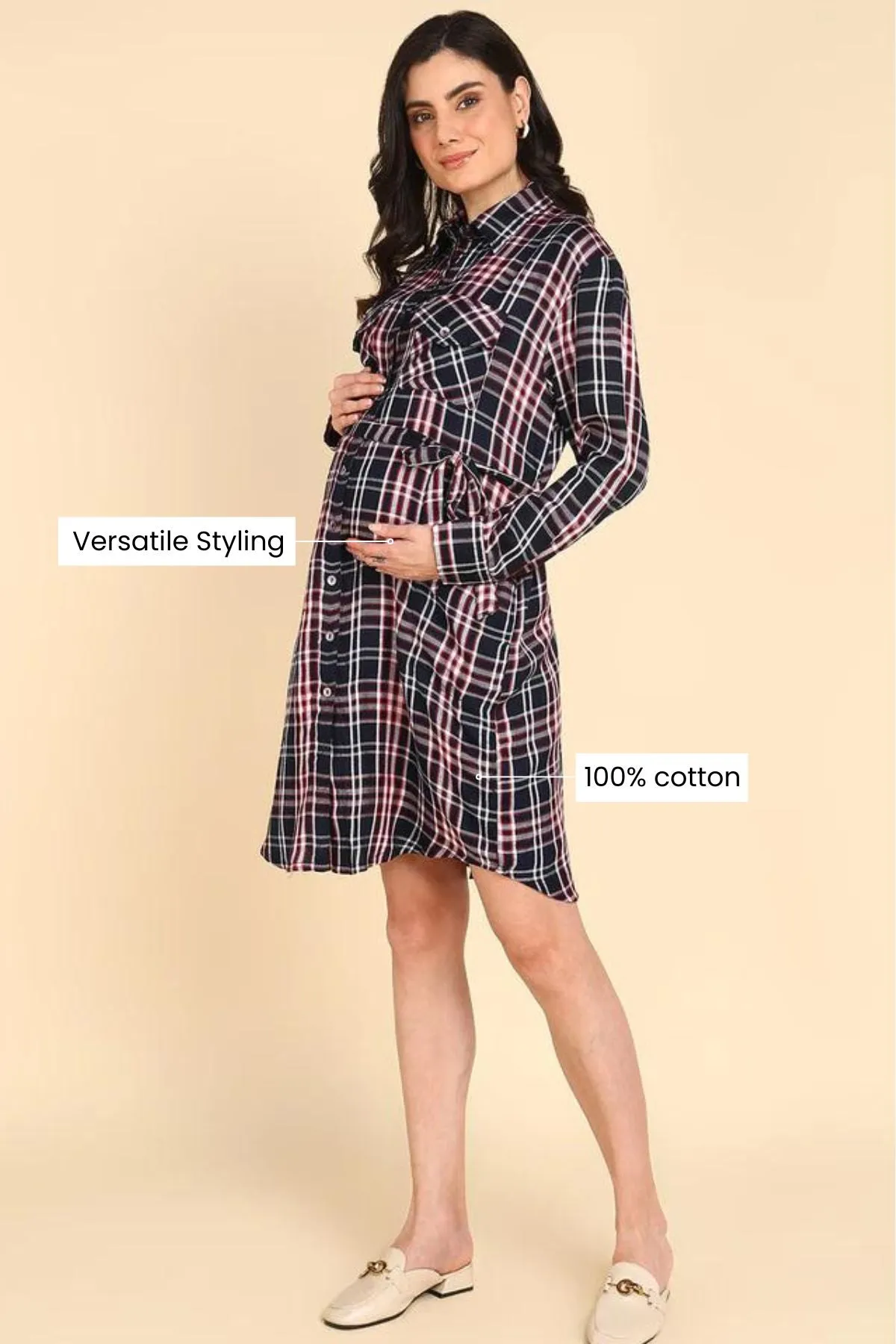 Navy Blue 100% Viscose Rayon Check Shirt Dress