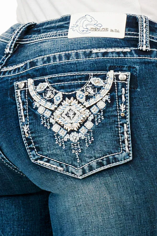 Necklace Embellishment Mid Rise Bootcut Jeans