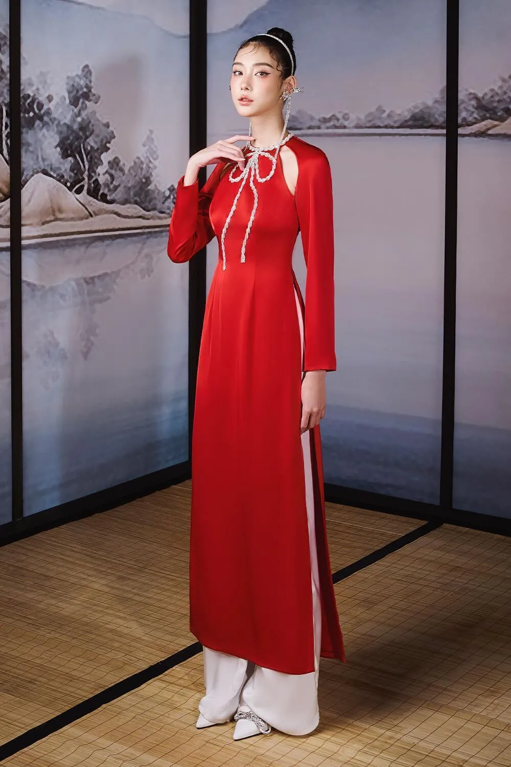 Ngoc Tran A-line Cut-Out Silk Satin Ankle Length Ao Dai