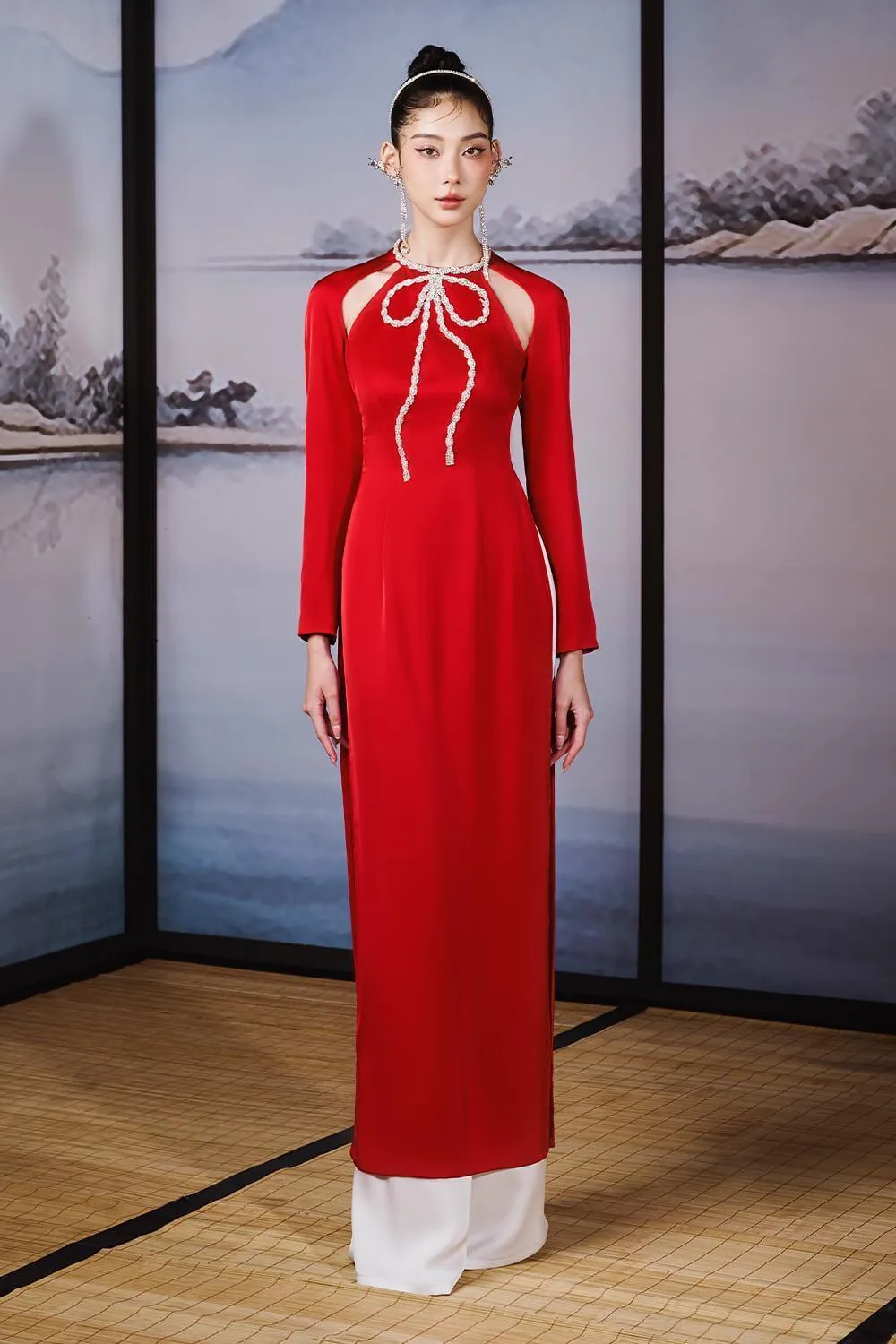 Ngoc Tran A-line Cut-Out Silk Satin Ankle Length Ao Dai