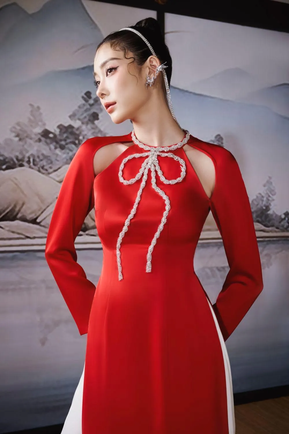 Ngoc Tran A-line Cut-Out Silk Satin Ankle Length Ao Dai