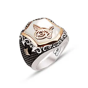 Ottoman Tughra on White Mother of Pearl Stone Hexagon Silver Men’s Ring Siding Bush Pattern and Ottoman Tughra