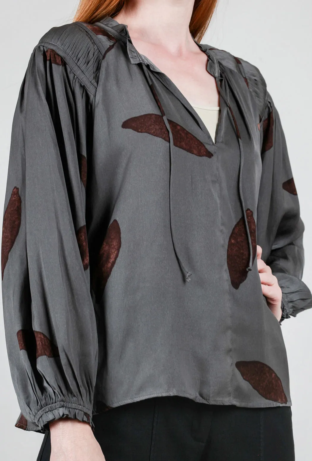 Petal-Print Satin Blouse, Slate