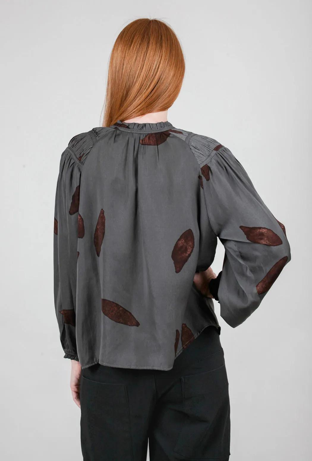 Petal-Print Satin Blouse, Slate