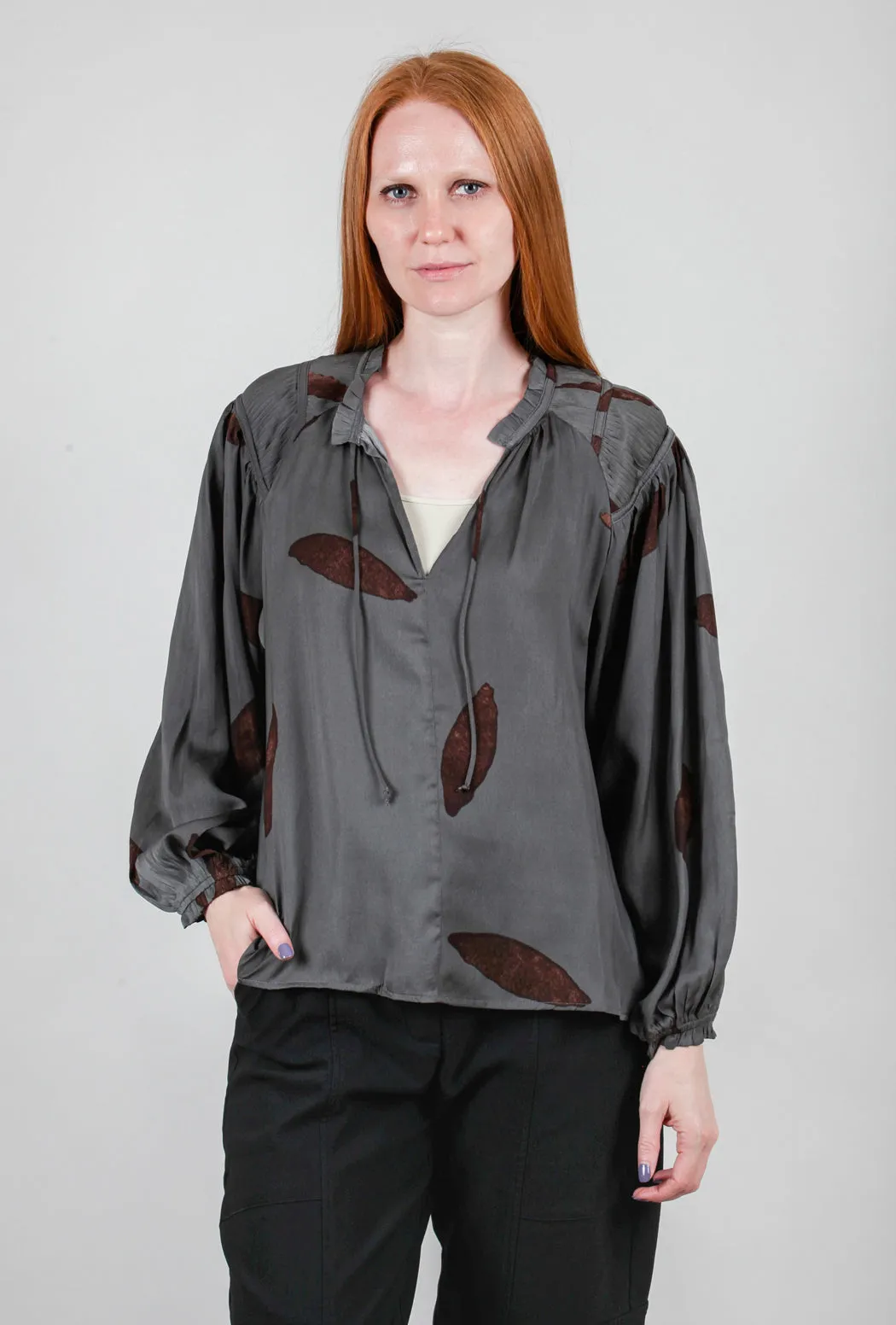 Petal-Print Satin Blouse, Slate