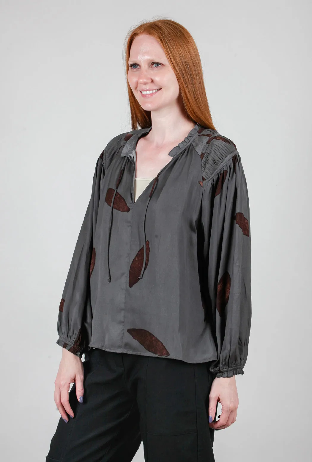 Petal-Print Satin Blouse, Slate