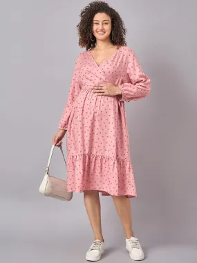 Pink Floral Printed Maternity and Nursing Dress with Side Wrap