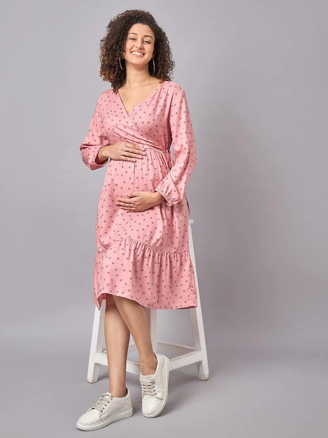 Pink Floral Printed Maternity and Nursing Dress with Side Wrap