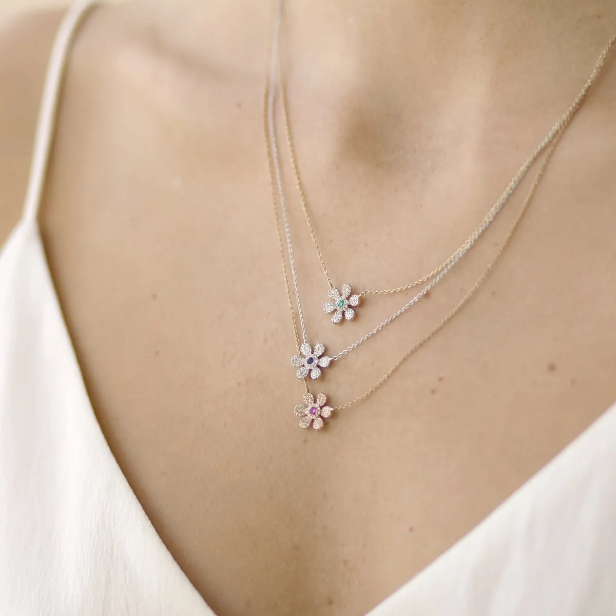 Pink Tourmaline and Diamond Pavé Flower Pendant Necklace