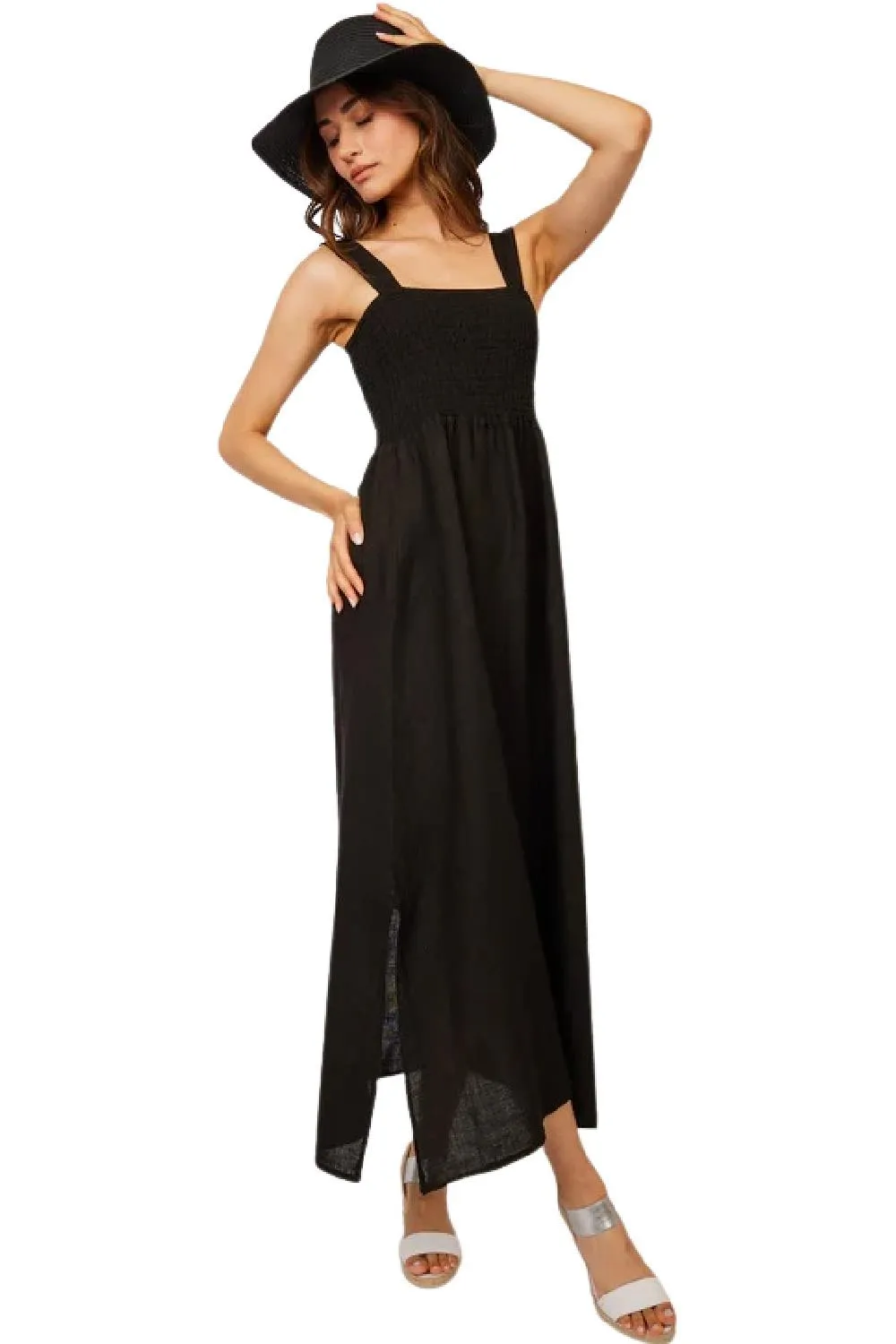 Pistache Bunched Top Linen Dress, Black (N3519)