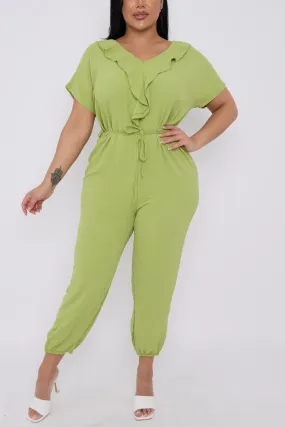 Plain Ruffle Front Drawstring Waist Jumpsuit