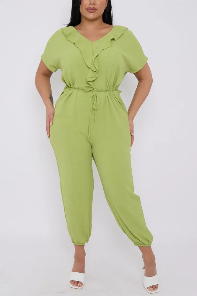 Plain Ruffle Front Drawstring Waist Jumpsuit