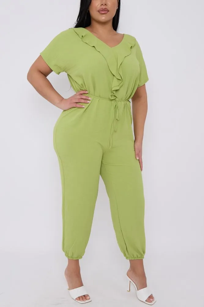 Plain Ruffle Front Drawstring Waist Jumpsuit