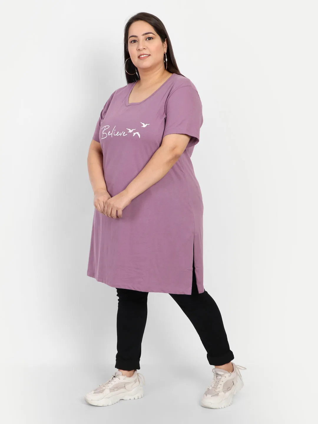 Plus Size Long T-shirt For Women - Half Sleeves - Lavender