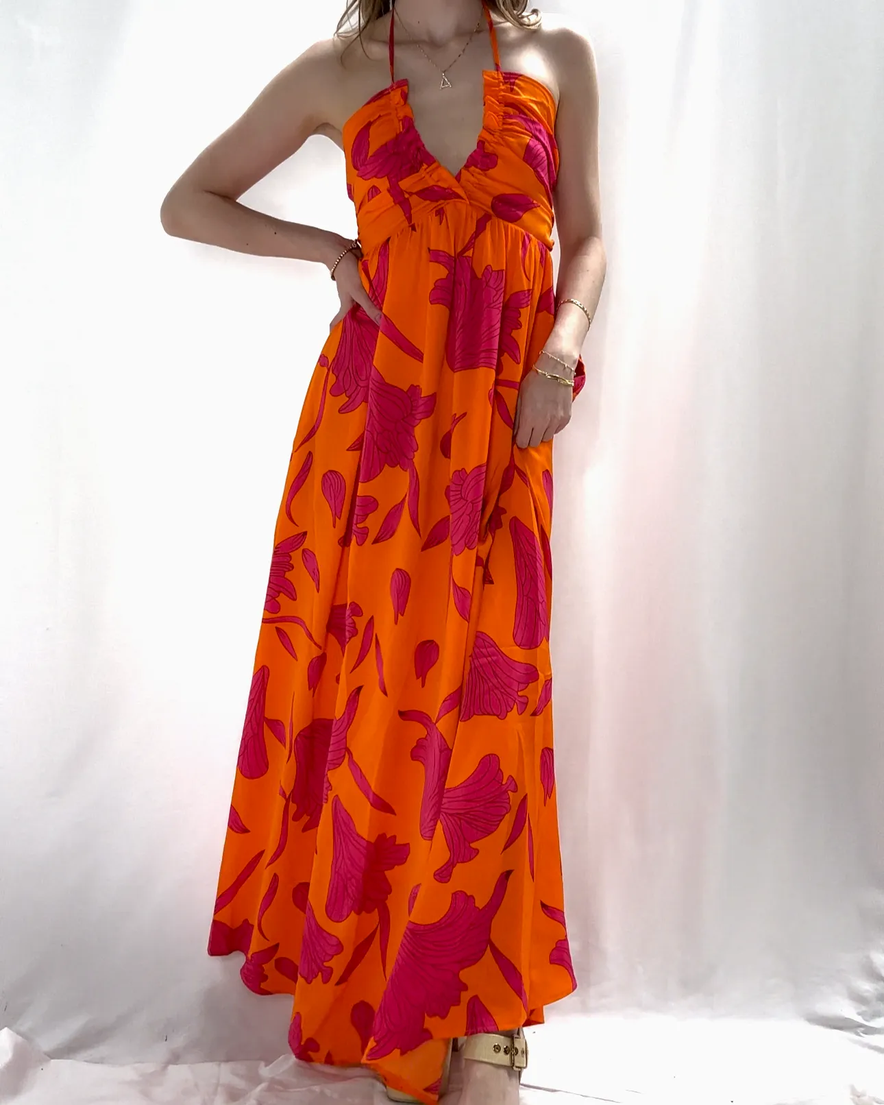 Printed Halter Neck Maxi Dress - Orange