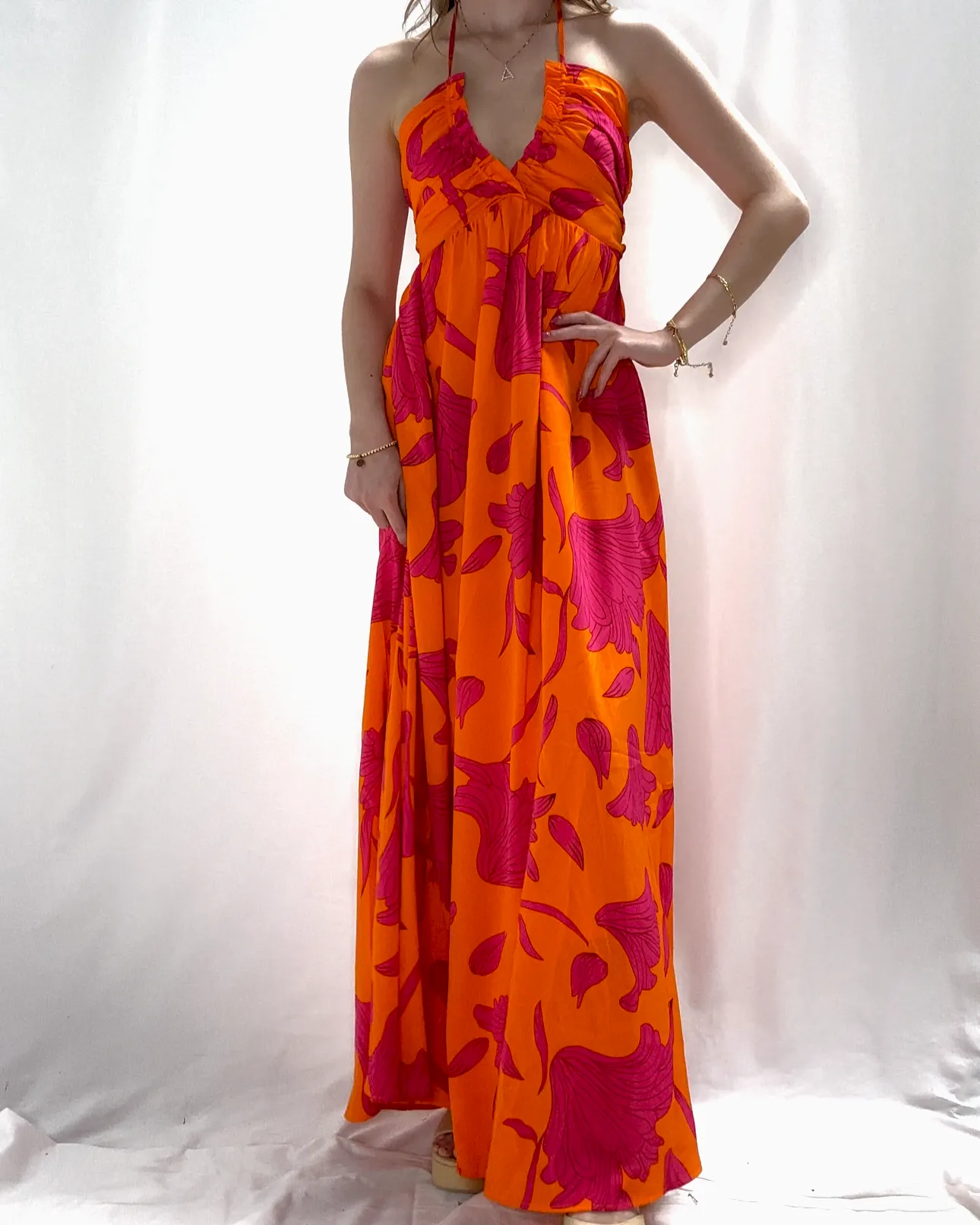 Printed Halter Neck Maxi Dress - Orange