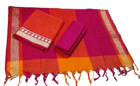 Punekar Cotton 100% Handloom Cotton Orange And Pink Color Women Dress Unstitched Fabric