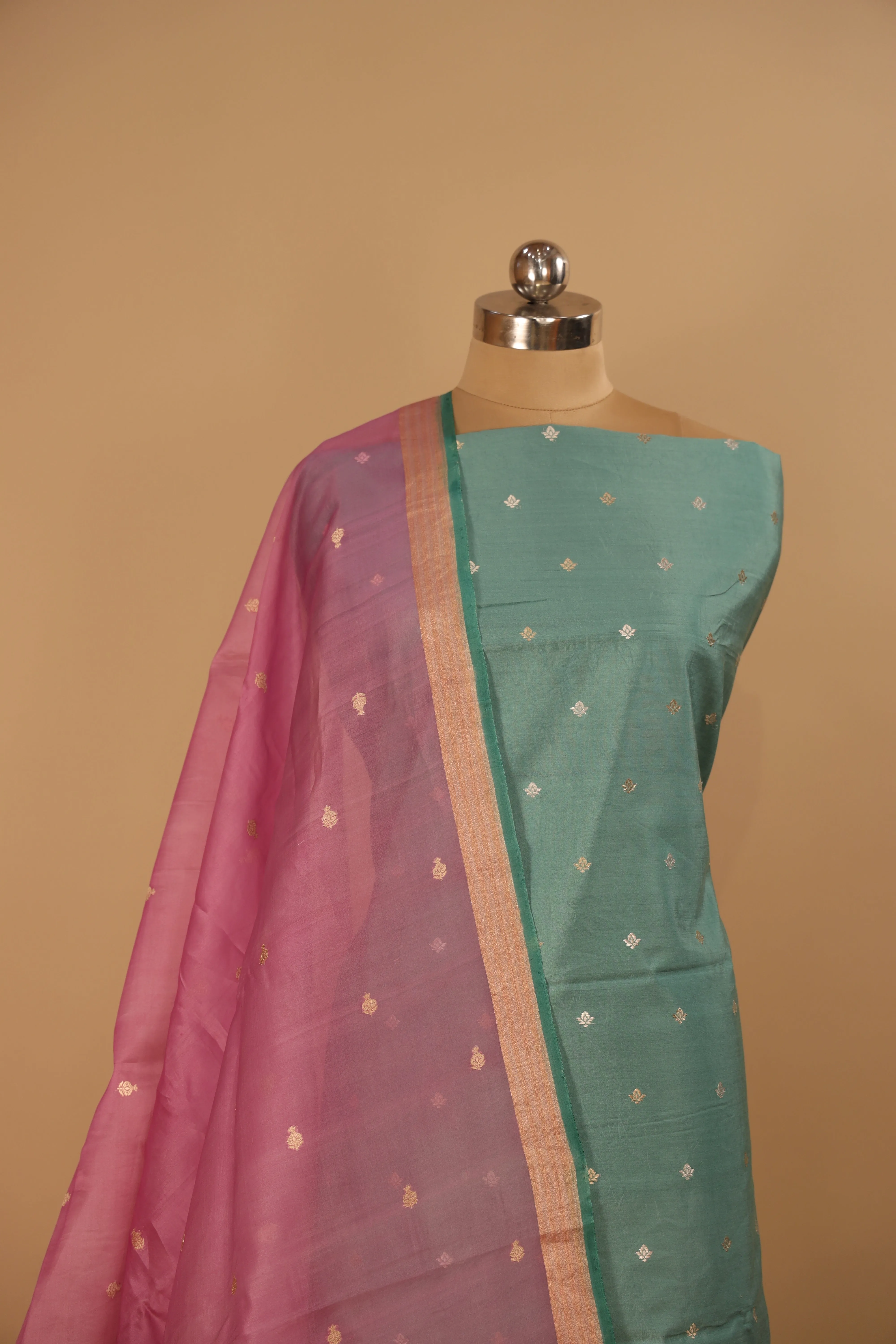 Pure Banarasi Silk Green Suit With Pure Pink Organza Dupatta