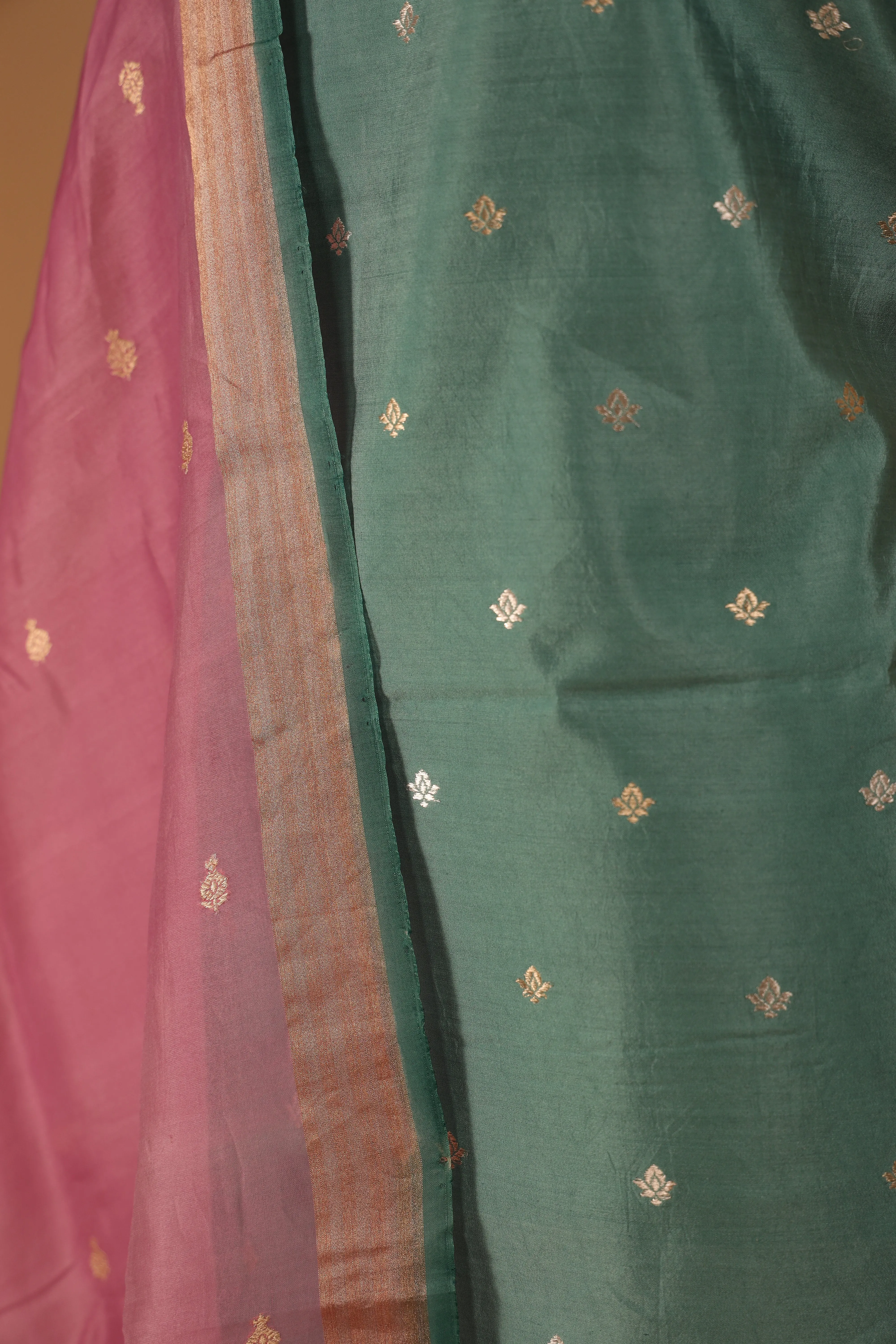 Pure Banarasi Silk Green Suit With Pure Pink Organza Dupatta