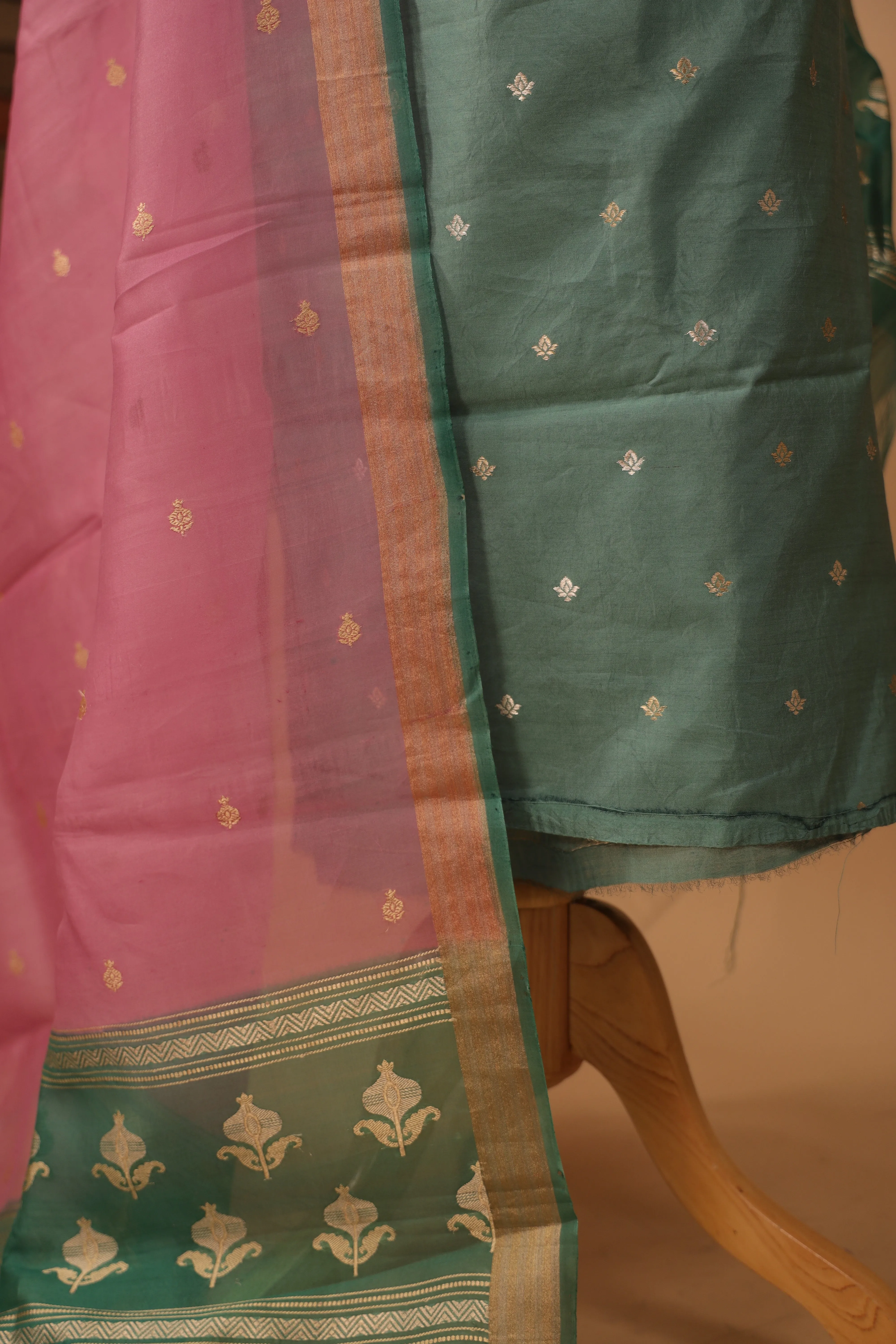 Pure Banarasi Silk Green Suit With Pure Pink Organza Dupatta