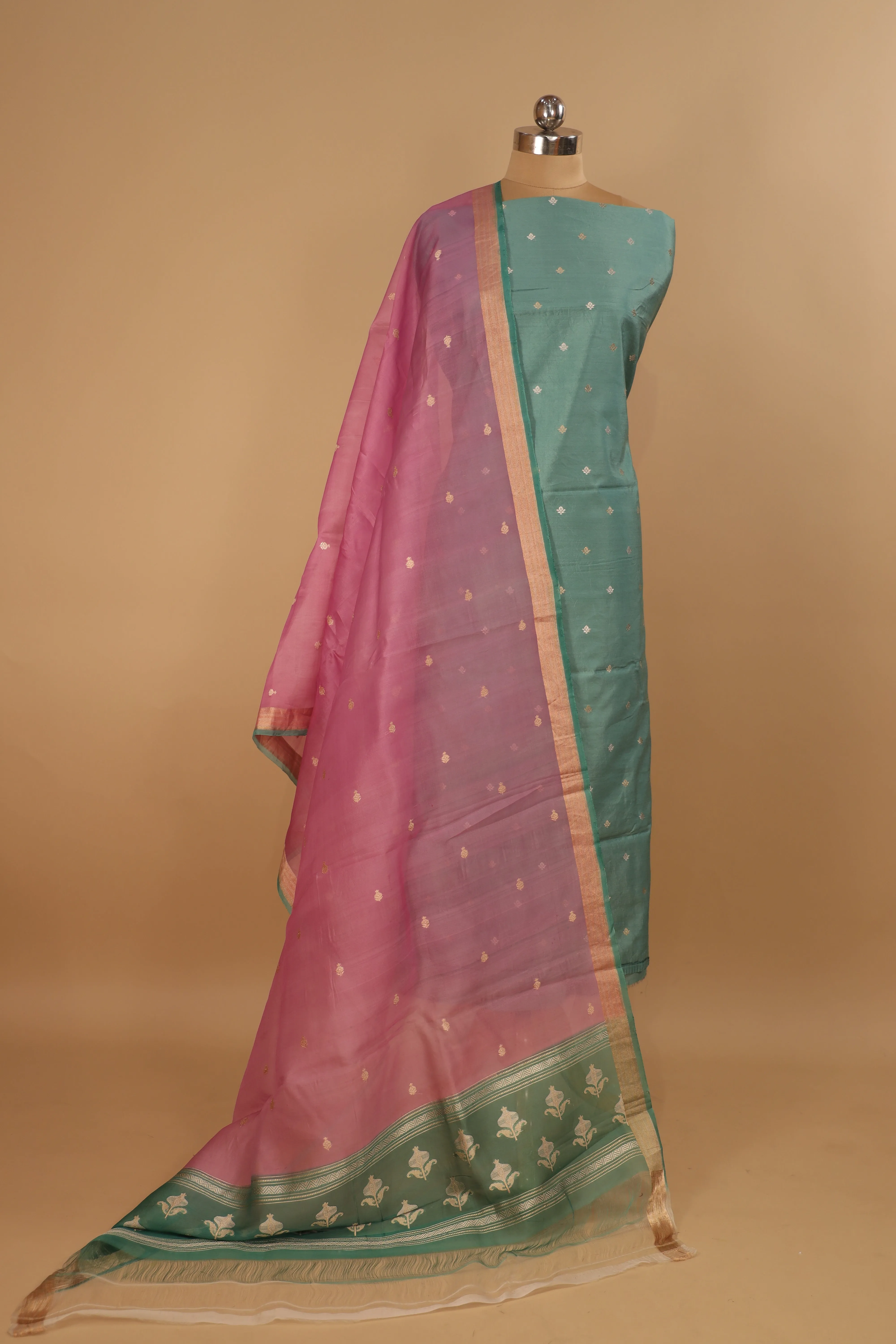 Pure Banarasi Silk Green Suit With Pure Pink Organza Dupatta