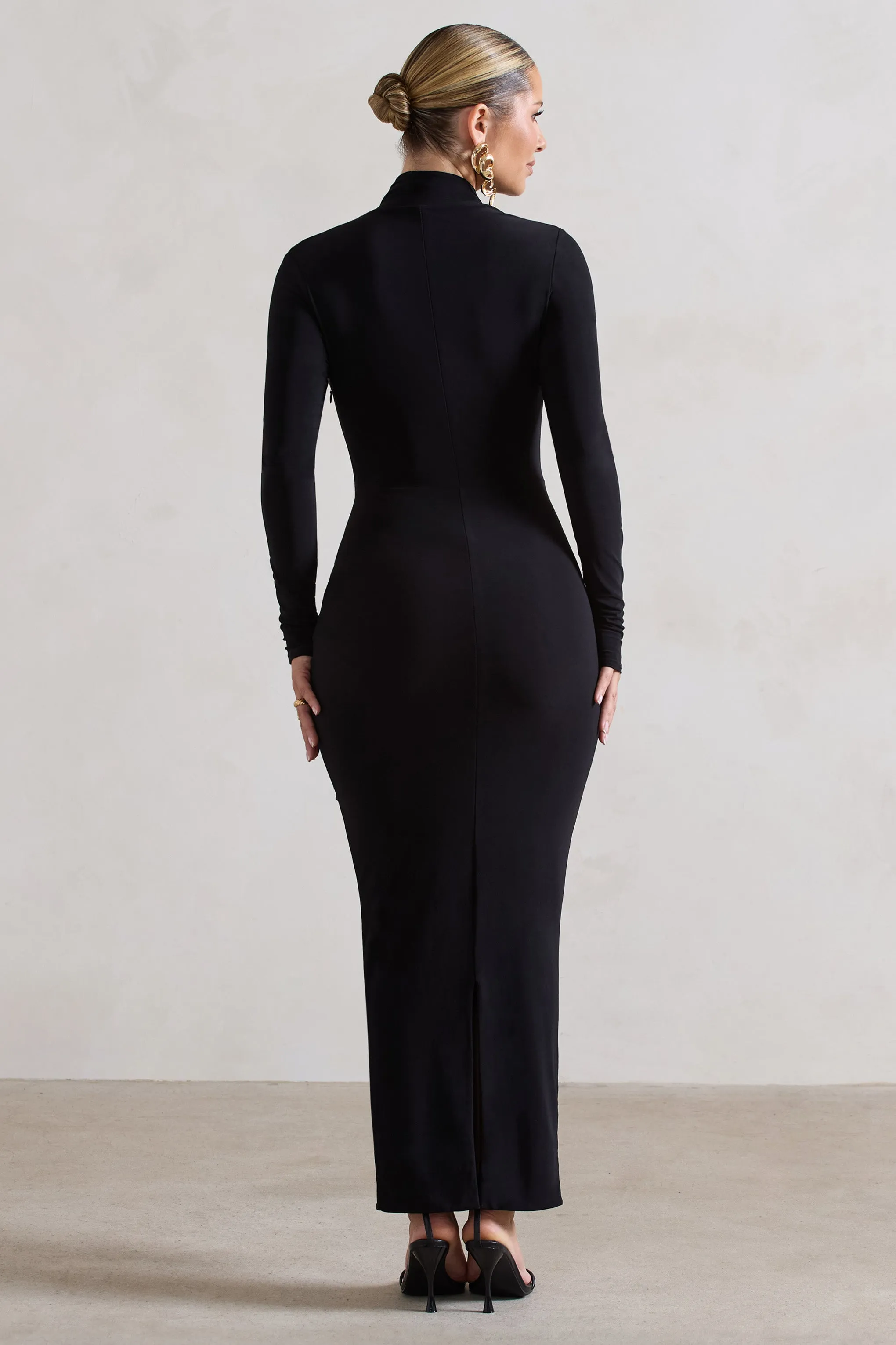 Risha | Black Plunge-Neck Long-Sleeve Drape Maxi Dress