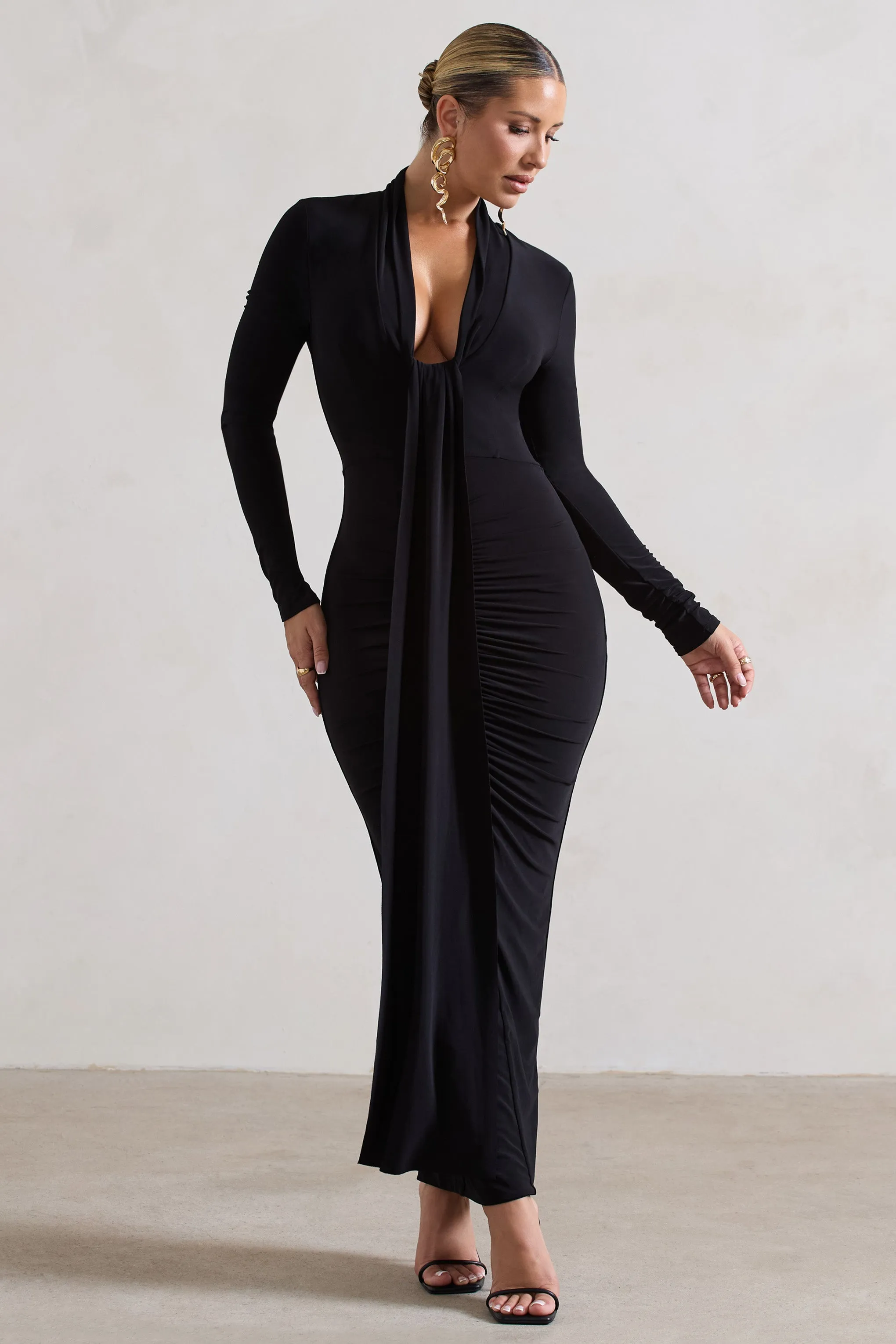 Risha | Black Plunge-Neck Long-Sleeve Drape Maxi Dress