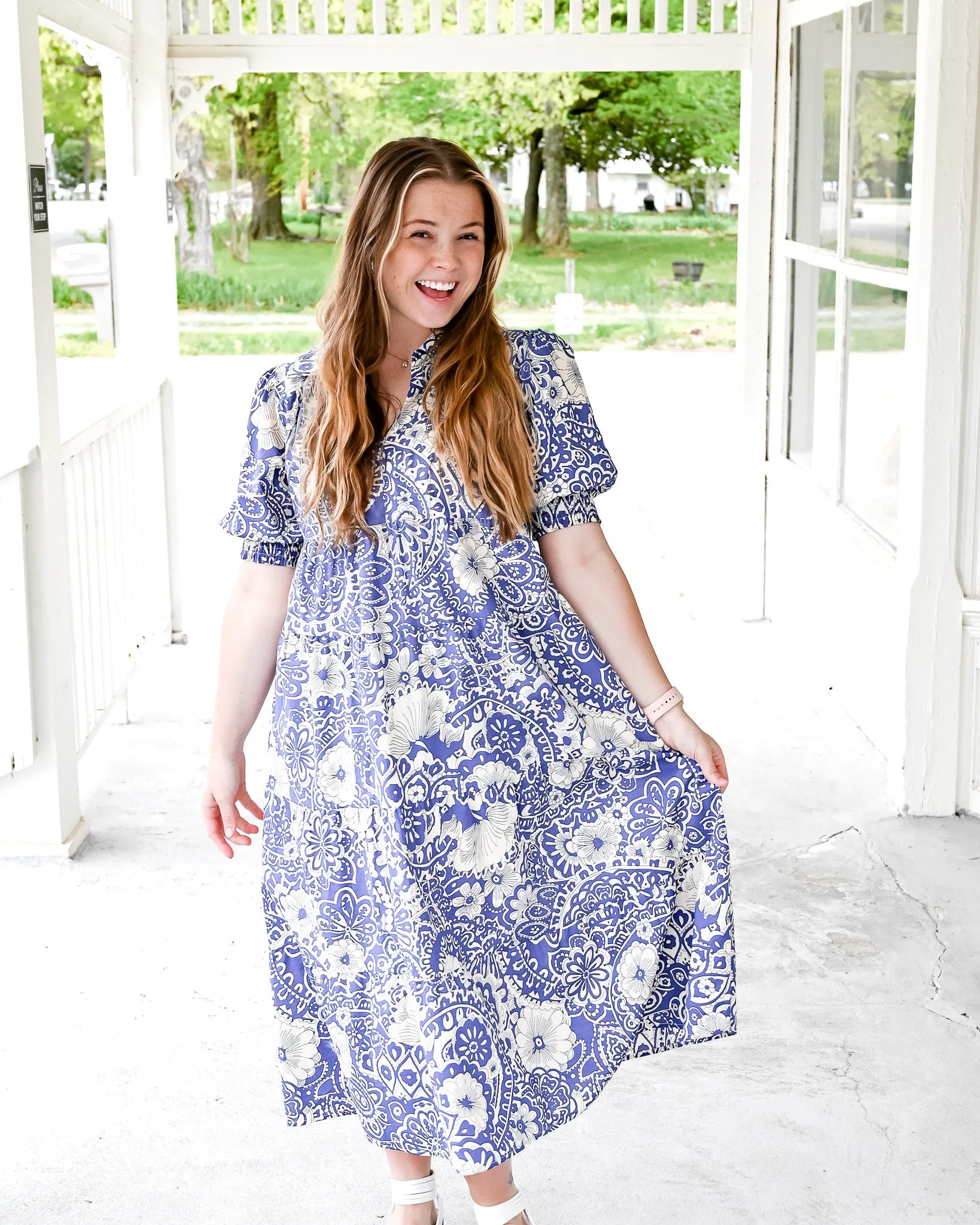 S-2X Whimsical Blues Floral Midi Dress