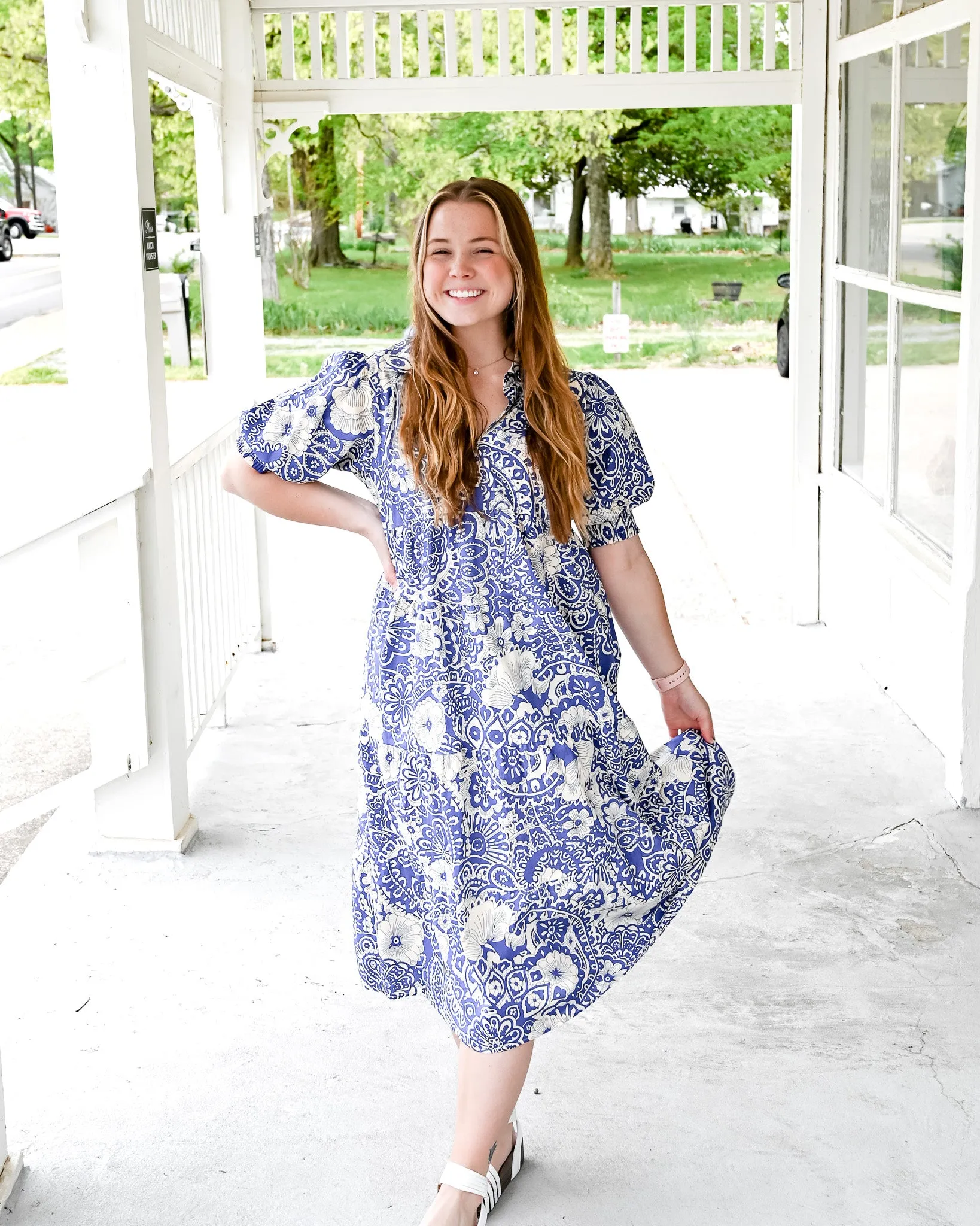 S-2X Whimsical Blues Floral Midi Dress